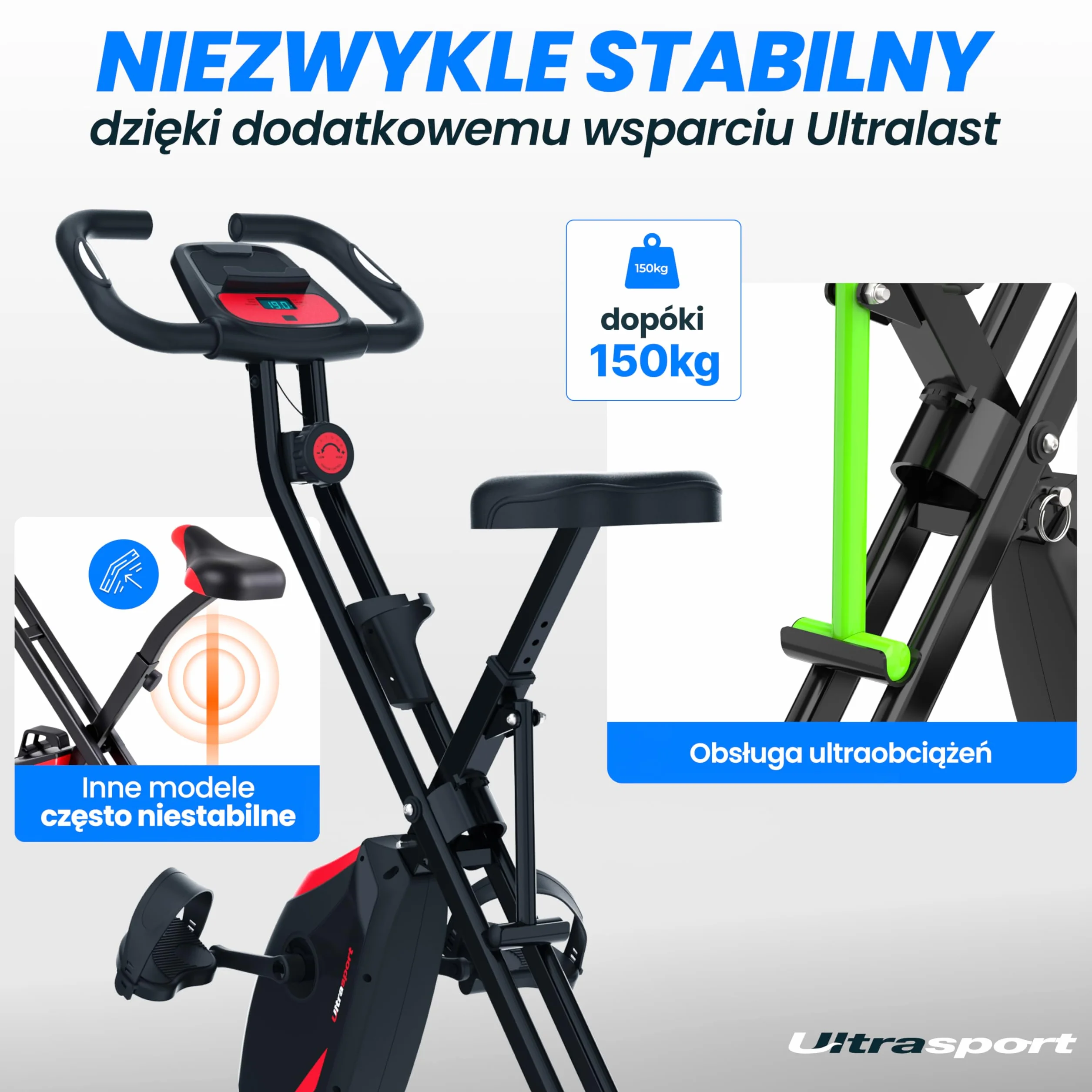 Ultrasport F-Bike Pro Składany Rower Treningowy do 150 KG, z 16 Poziomami, Wygodne Siodełko, Bardzo Cichy I Składany Rower Stacjonarny do Ćwiczeń w Domu
