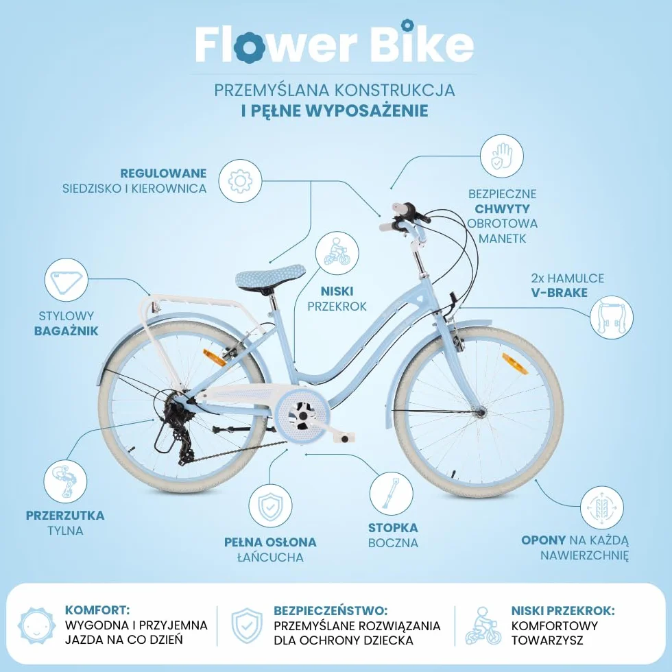 Heart Bike Rower dziecięcy dla dziewczynek 20 cali, rower dziewczęcy, 6 biegów, stalowa rama, hamulce V-brake, błotniki, osłona łańcucha, reflektory, dzwonek, regulowany