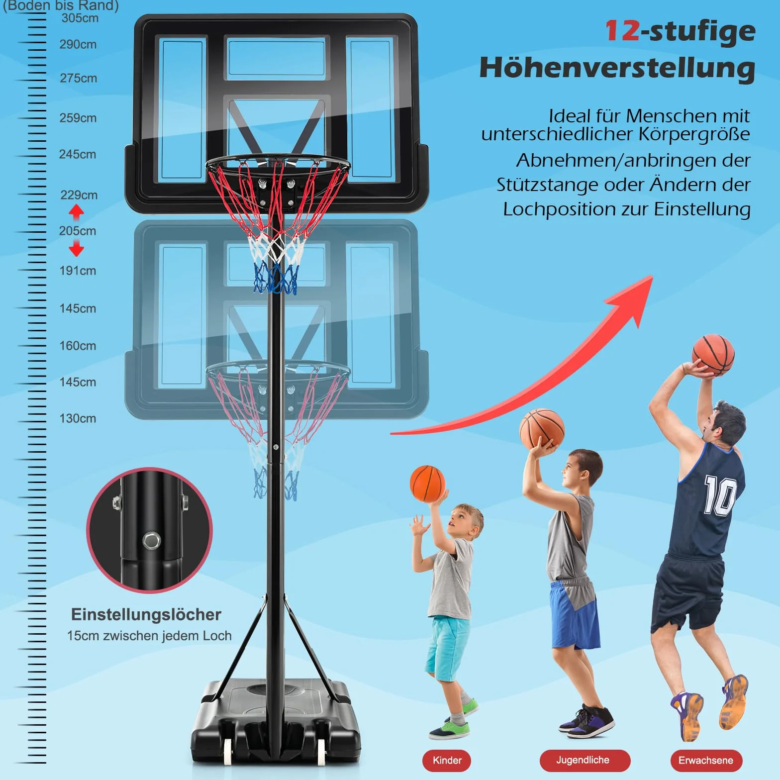 GOPLUS Kosz do koszykówki, przenośny stojak do koszykówki, z kółkami, regulowana wysokość 130-305 cm, kosz do koszykówki, napełniany wodą/piaskiem, przenośny kosz dla młodzieży i dorosłych