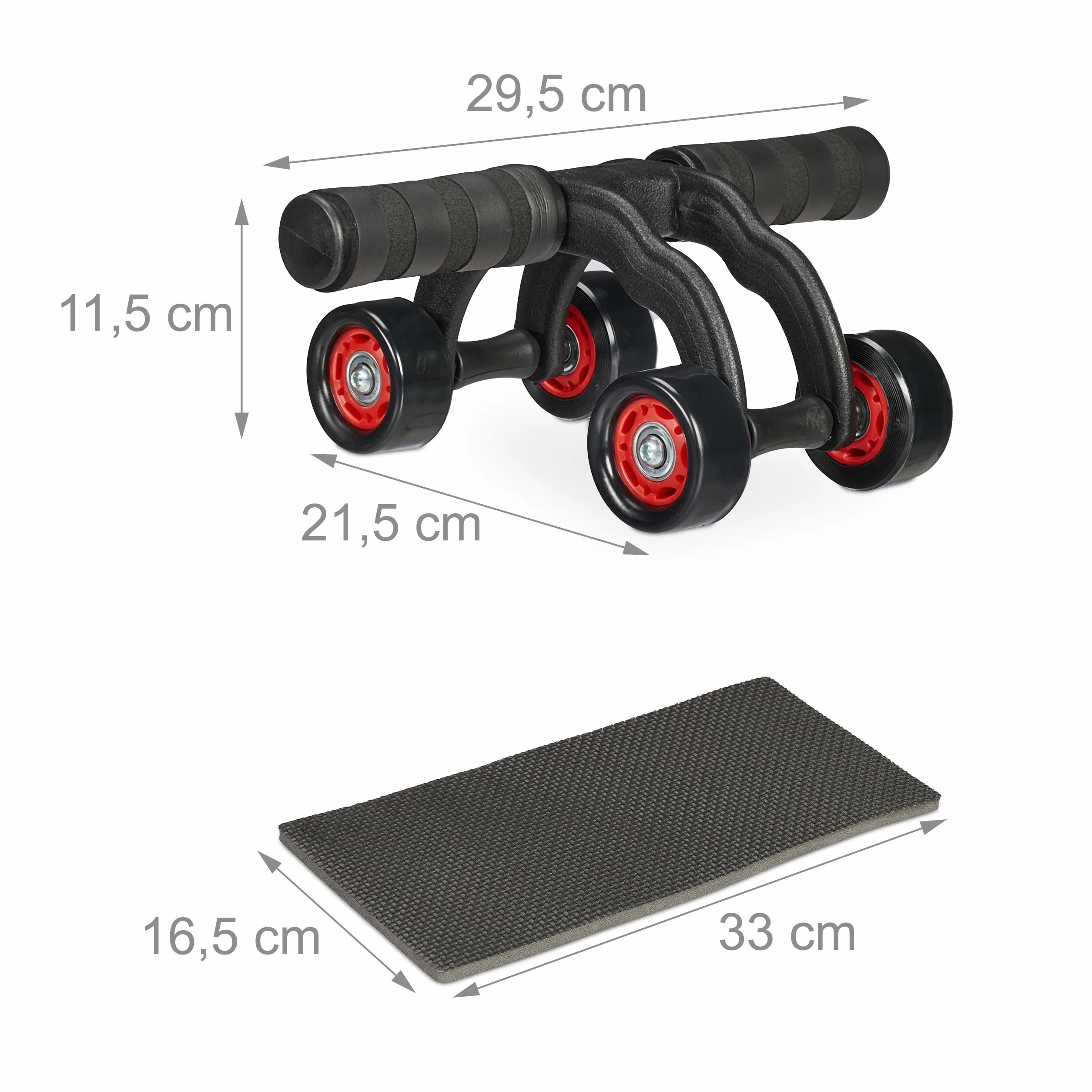 Relaxdays Wózek do ćwiczeń brzucha z 4 kółkami, trenażer brzucha, rolka fitness z matą pod kolana, czarny/czerwony