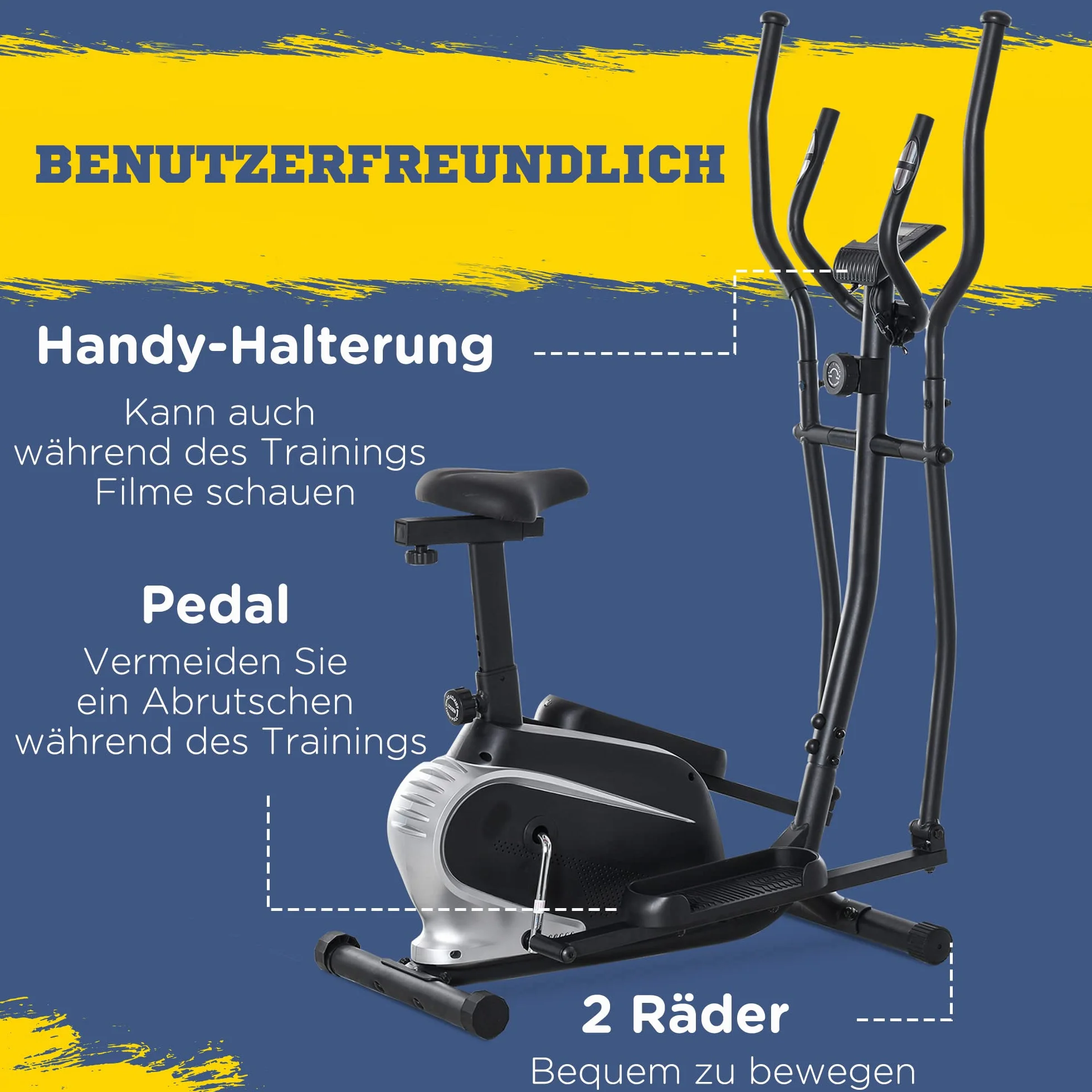 Rower eliptyczny HOMCOM 2 w 1 eliptyczny rower treningowy z monitorem LCD trenażer z regulowaną wysokością siodełka 8 poziomów 2 koła stal PVC ABS kolor czarny 103 x 62 x 151 cm
