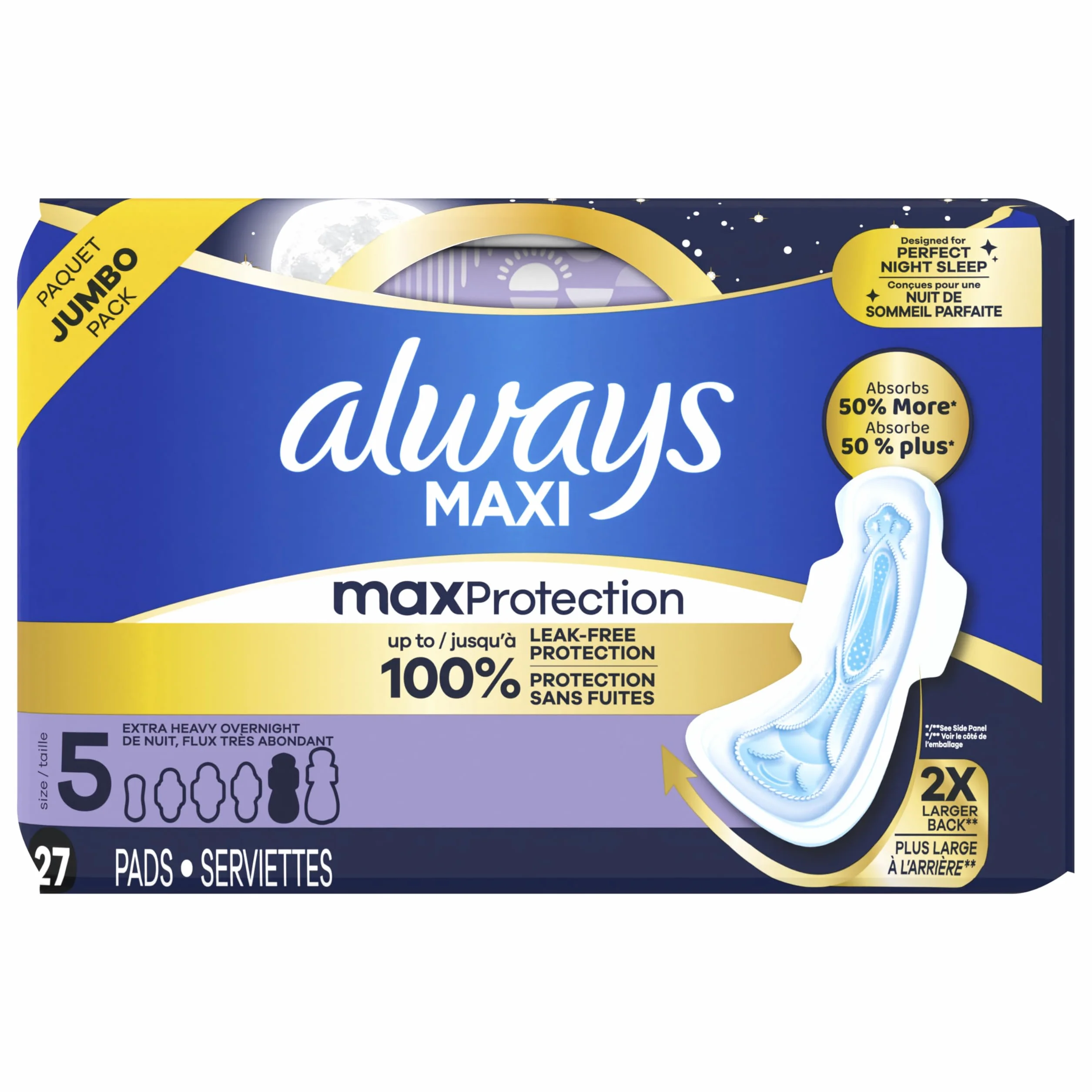 Always Maxi, Größe 5, extra schwere Overnight-Einlagen mit Flügeln, geruchlos, 27 Stück, Verpackung kann variieren