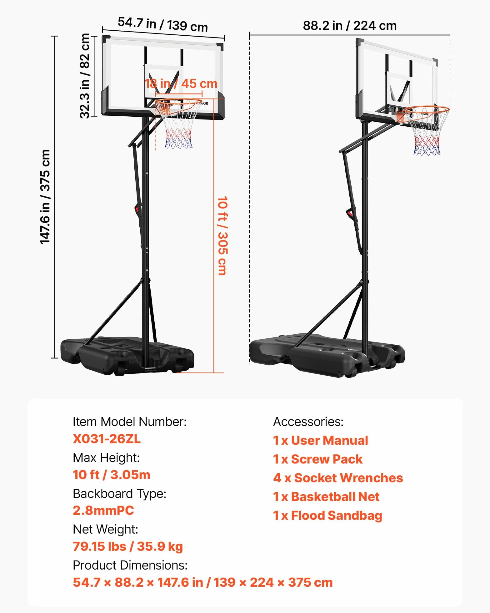 VEVOR Przenośny kosz do koszykówki z kółkami, system obręczy, siatka i panel PC, 139 cm, regulowana wysokość 3,05 m, do użytku wewnątrz
