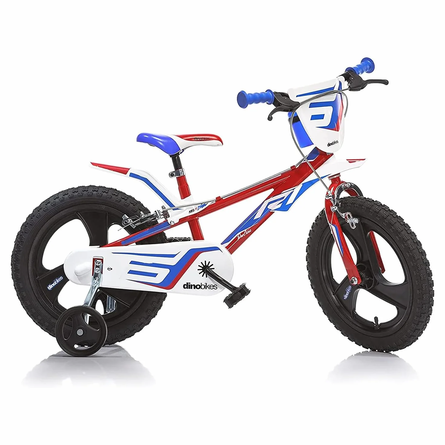 Dino Bikes Rower dziecięcy dla chłopców 14 cali z hamulcami na kierownicy, koła podporowe, czerwony, niebieski, biały