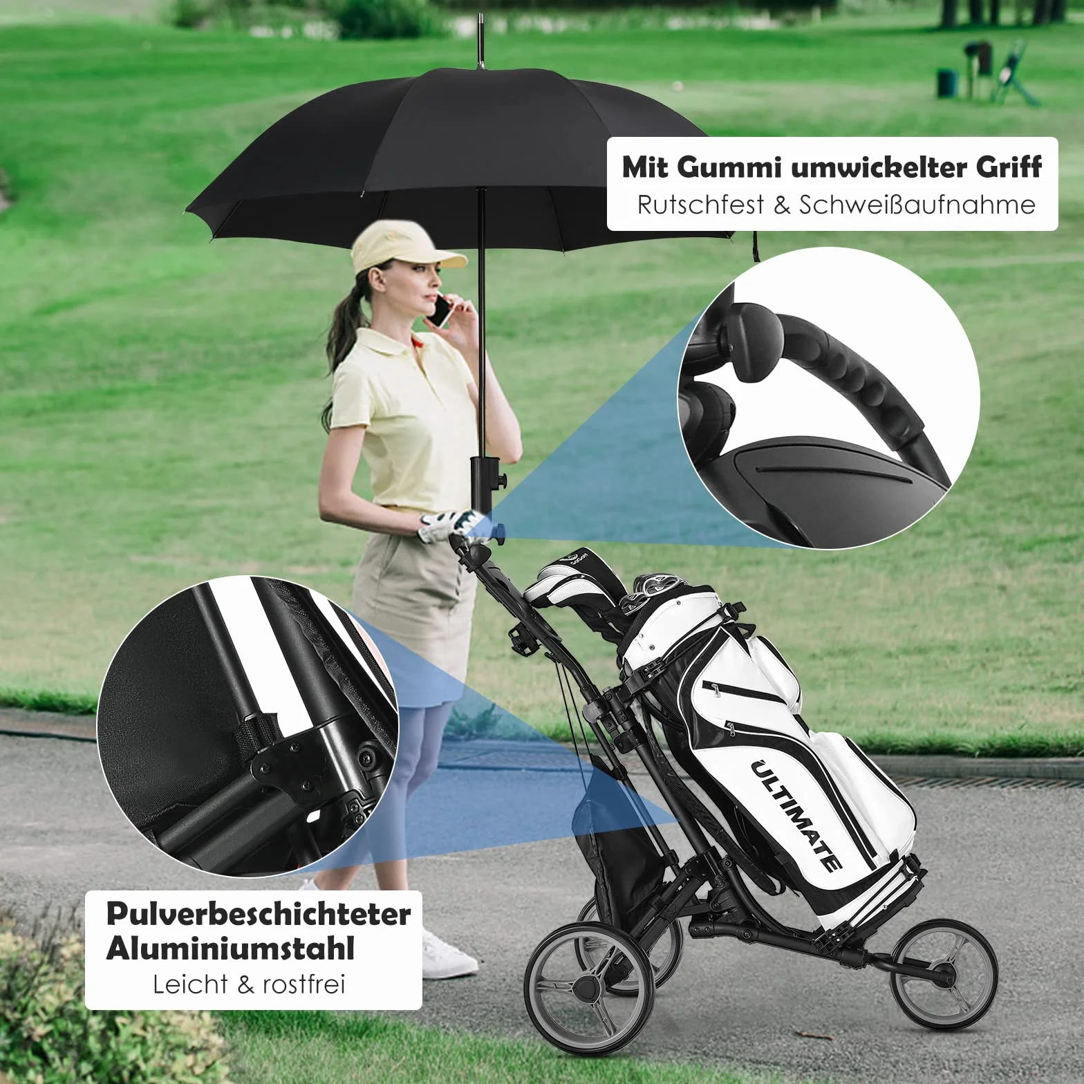 GOPLUS Wózek golfowy, wózek golfowy, 3 koła z regulowanym uchwytem, hamulec nożny, wózek golfowy, składany, z uchwytem na parasol i napoje oraz wodoodporną torbą, wózek golfowy (szary)