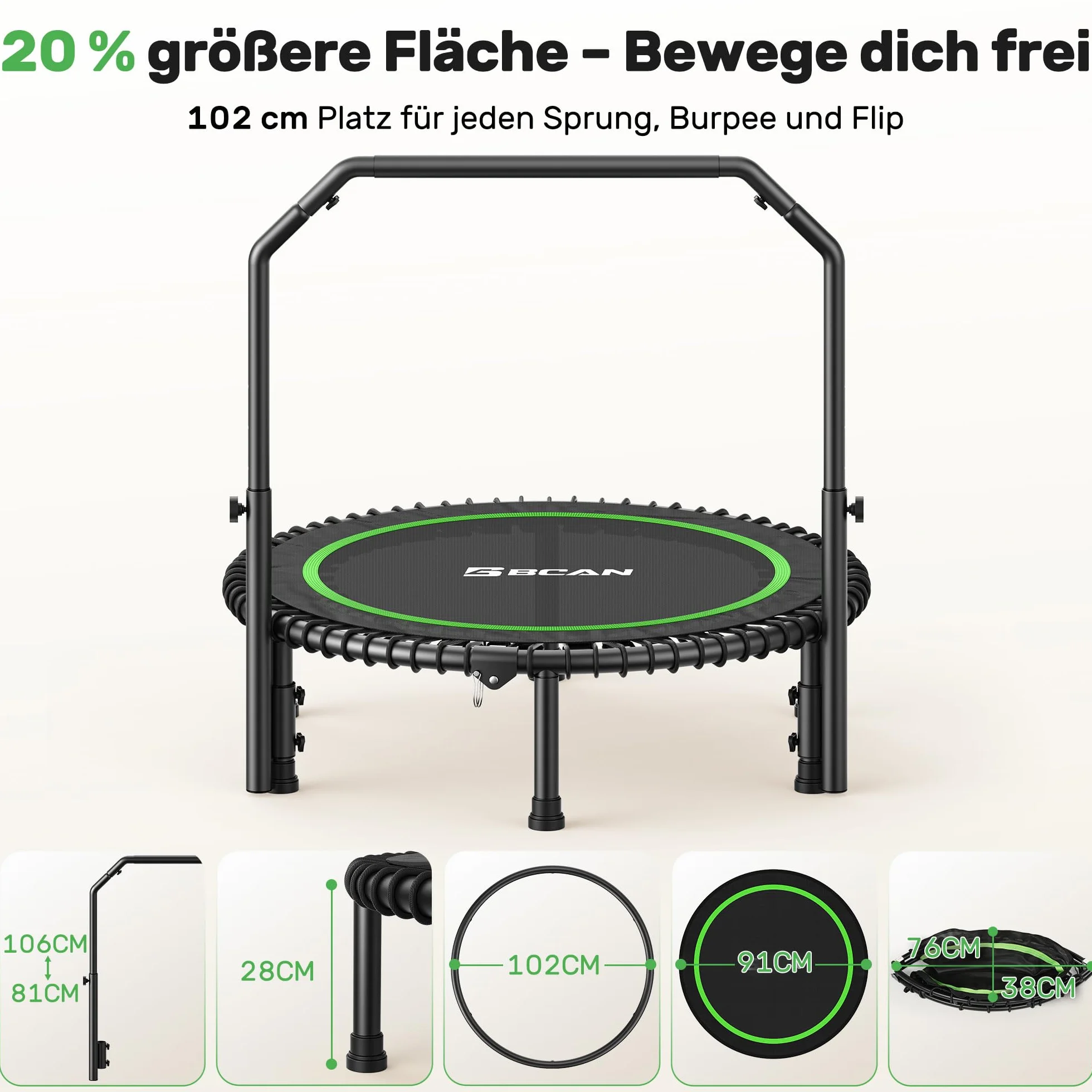 Trampolina BCAN 102/122 cm dla dorosłych, udźwig 204/250 kg, linki bungee, regulowany uchwyt, stabilna, cicha, do użytku wewnątrz/na zewnątrz, trening całego ciała, relaks w domu
