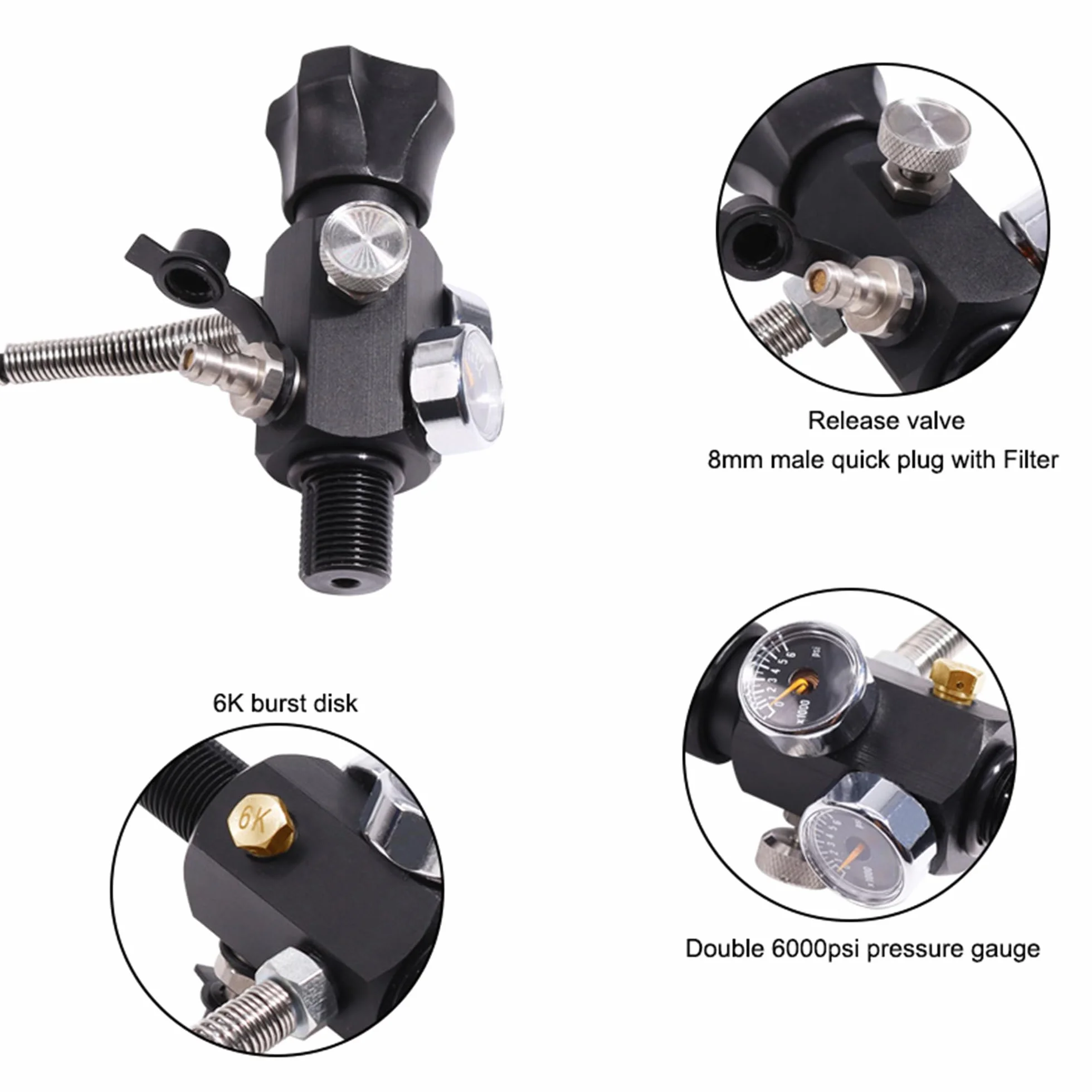 TUXING 6,8 l/414ci zbiornik powietrza HPA z włókna węglowego (nie DOT), system pneumatyczny PCP 4500 psi podwójny zawór pomiarowy 61 cm wąż wysokociśnieniowy z podwójnym szybkozłączką