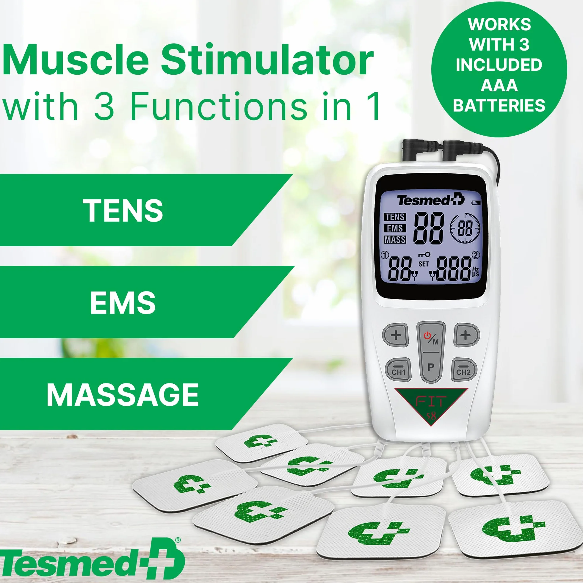 Tesmed FIT 5.8 elektrostymulator mięśni, EMS, TENS, MASAŻ, ulga w bólu i potężny trener mięśni: 22 programy, w tym 6 konfigurowalnych pod względem częstotliwości, szerokości impulsu i czasu trwania.