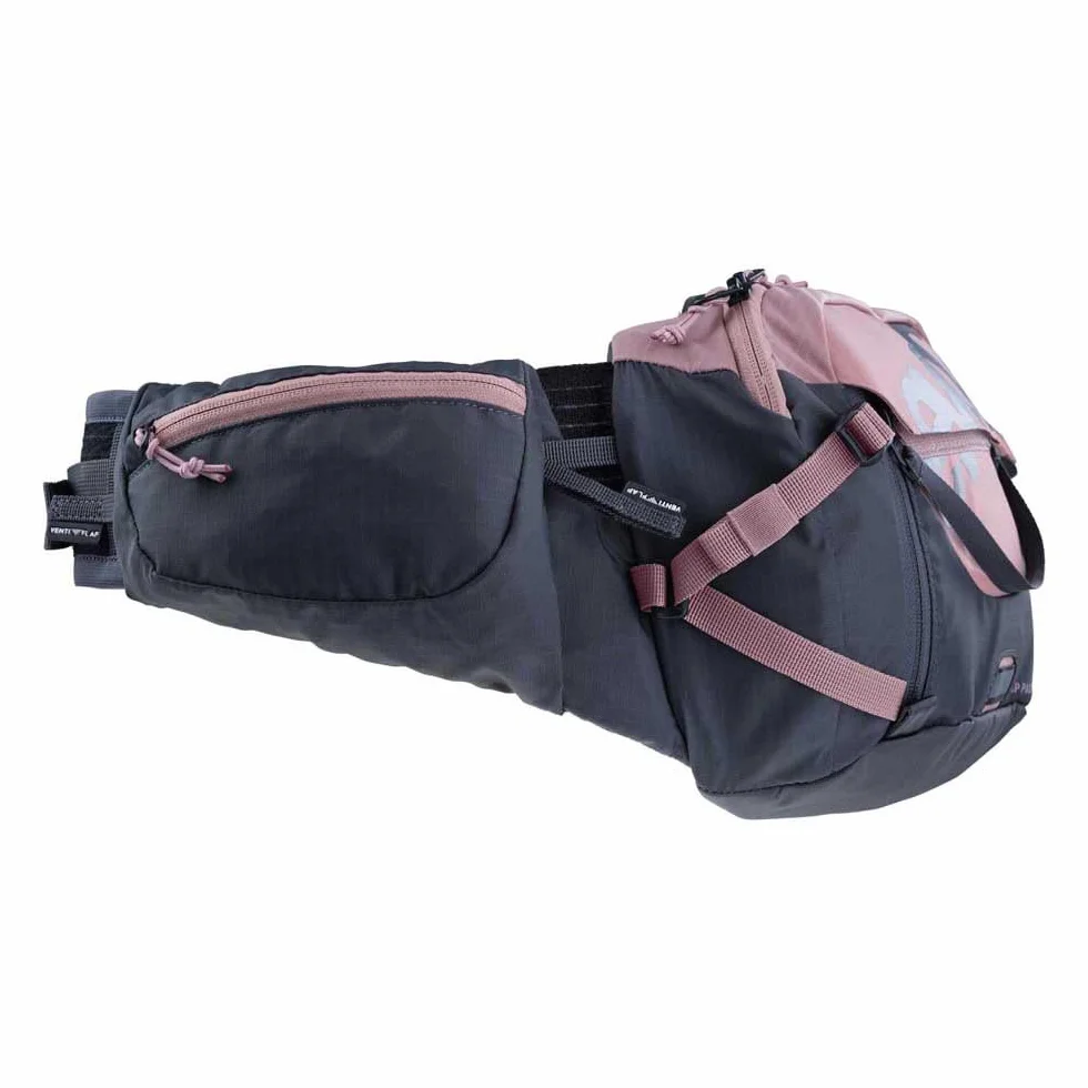 EVOC HIP PACK PRO 3 + HYDRATION BLADDER 1.5, saszetka biodrowa (AIR FLOW CONTACT SYSTEM, pas biodrowy AERO FLEX, w tym 1,5l bukłak i uchwyt na butelkę, One Size), Dusty Pink - Carbon Grey