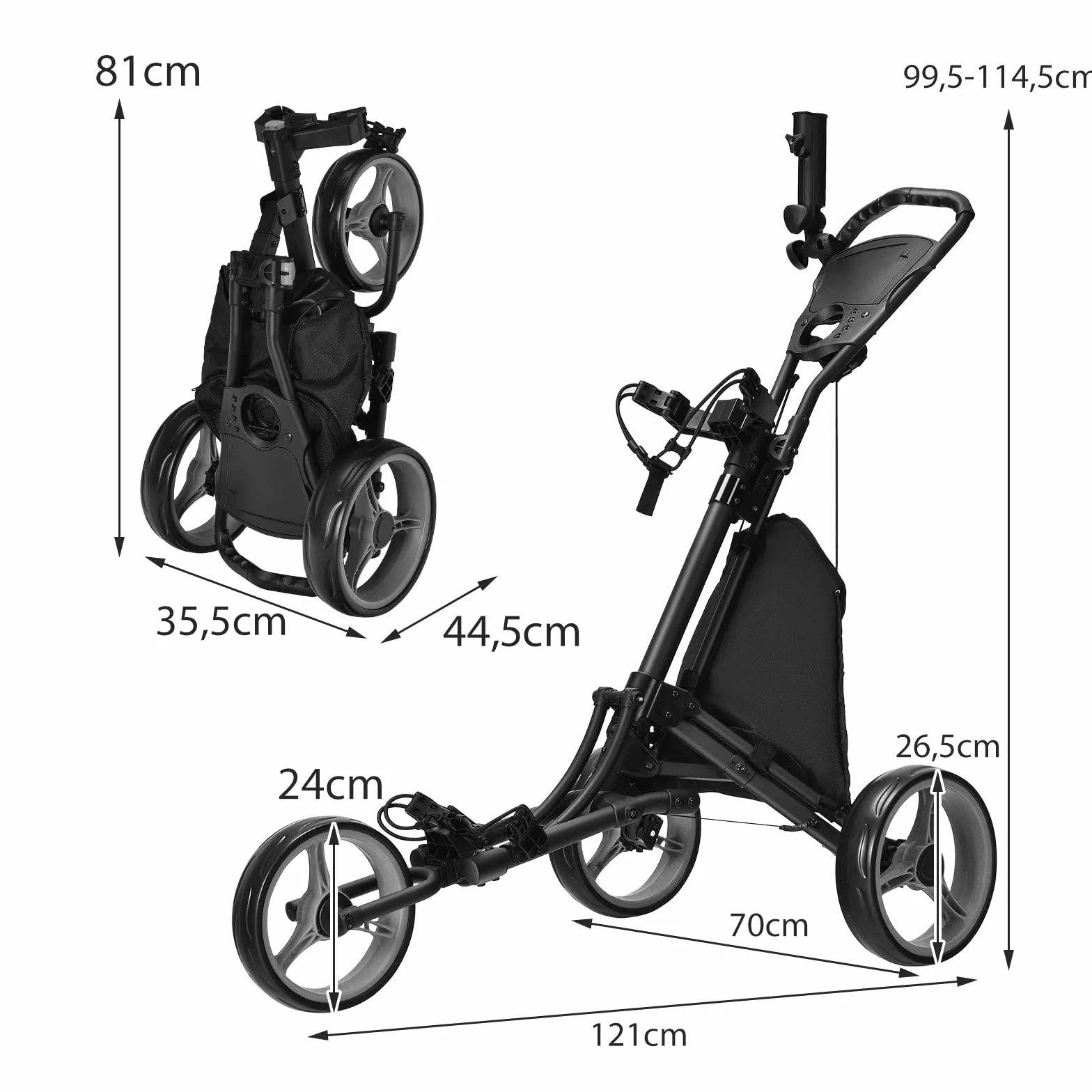 GOPLUS Wózek golfowy, wózek golfowy, 3 koła z regulowanym uchwytem, hamulec nożny, wózek golfowy, składany, z uchwytem na parasol i napoje oraz wodoodporną torbą, wózek golfowy (szary)