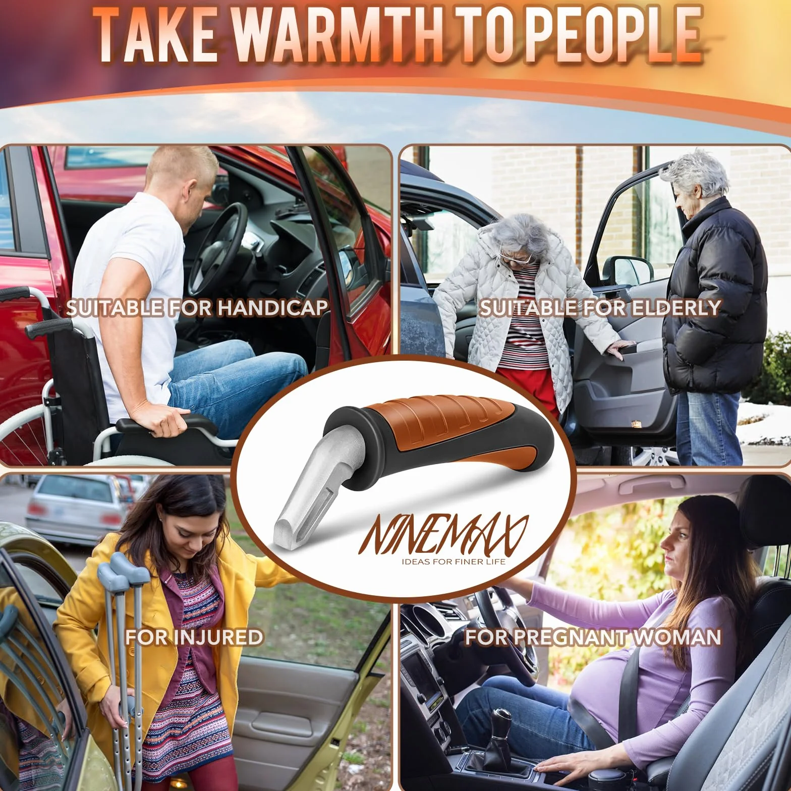 NINEMAX Uchwyt Samochodowy Dla Osób Starszych 2 Szt,Pomoc w Poruszaniu Się,Łatwy w Użyciu dla Macierzyński Seniorów Niepełnosprawnych (Czarny i Pomarańczowy)