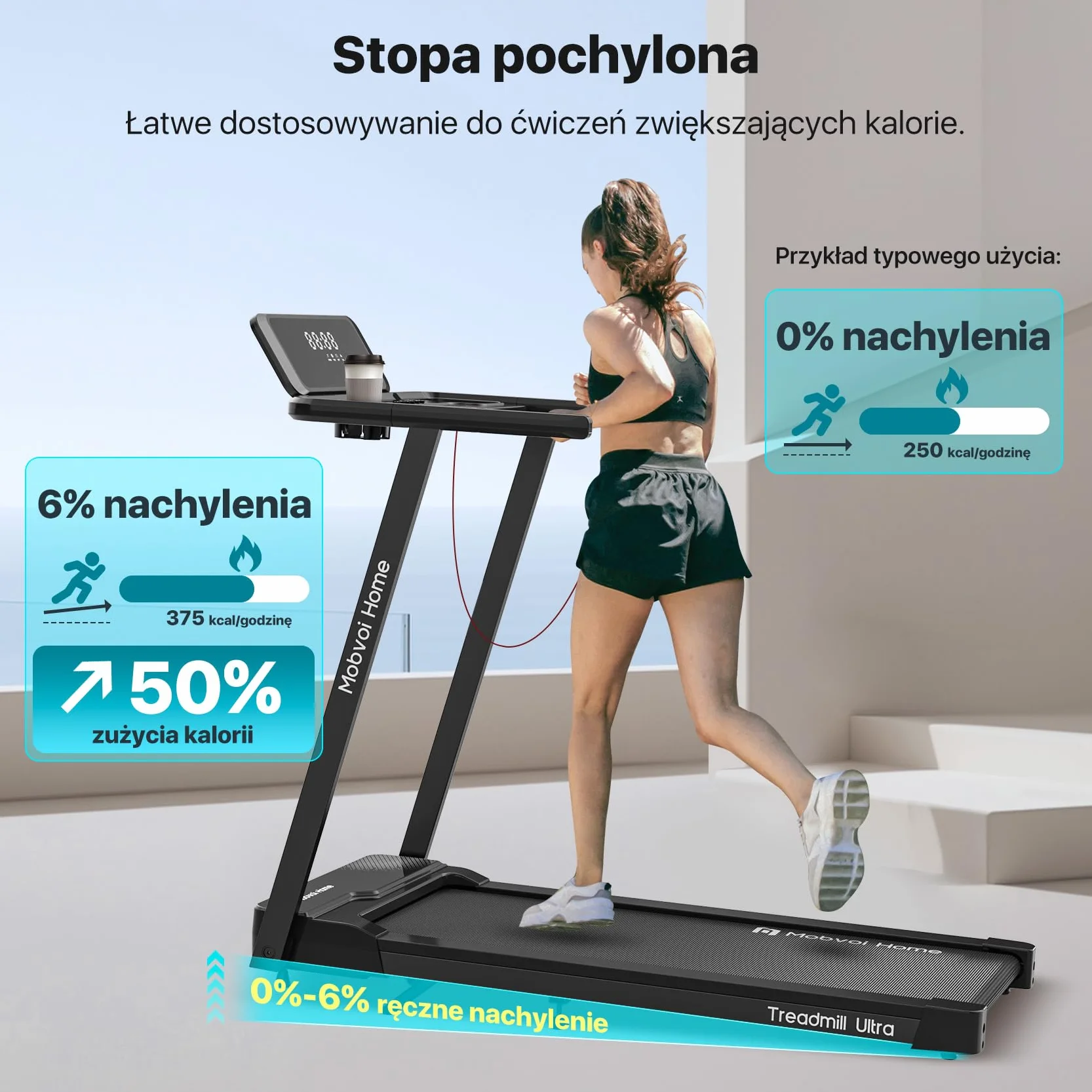 Mobvoi Home Treadmill Ultra 3 w 1 Walking Pad ze składanym 6% nachyleniem do biura domowego 2,5 KM Walking Running Treadmill Holder na kubek, telefon, laptop, duży obszar do biegania 12 km/h, 120 kg