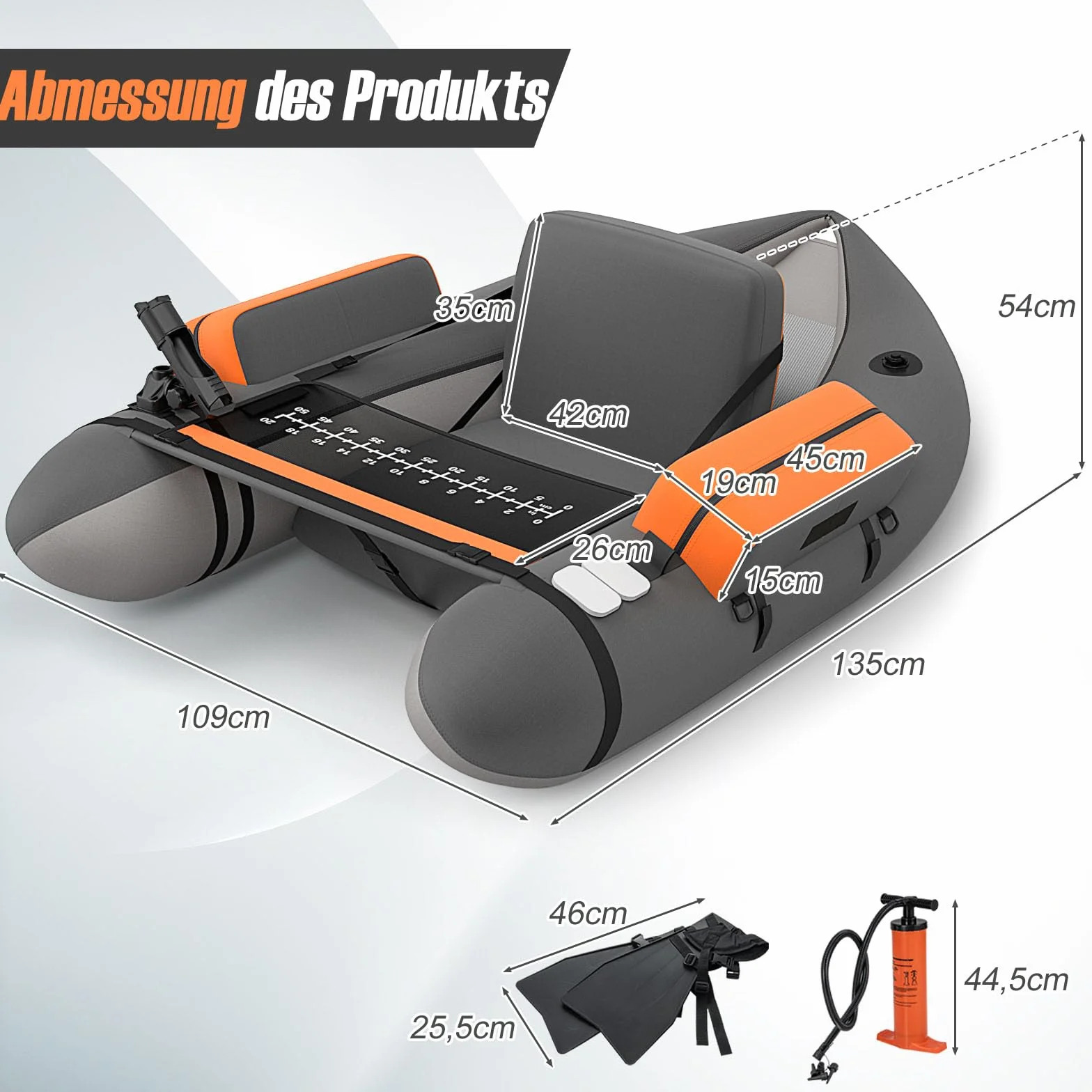 GOPLUS Bellyboot, Belly Boat do 150 kg, nadmuchiwany ponton do wędkowania, z aluminiowym wiosłem, pompką, płetwami, linijką do ryb, uchwytem na wędkę i 2 szelkami, 135 x 109 x 54 cm (ciemnoszary)