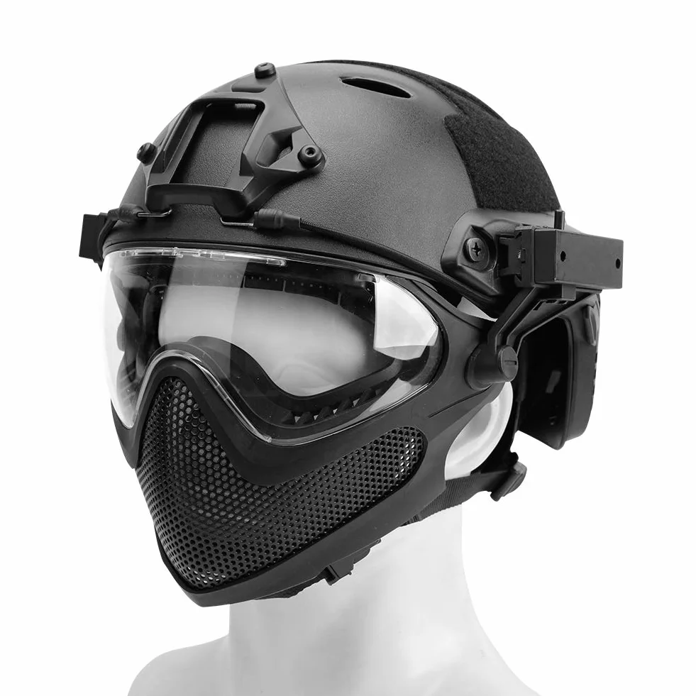 Taktyczny kask PJ Airsoft Fast F22, pełna ochrona twarzy z odpinaną maską i goglami, kask do jazdy na świeżym powietrzu.