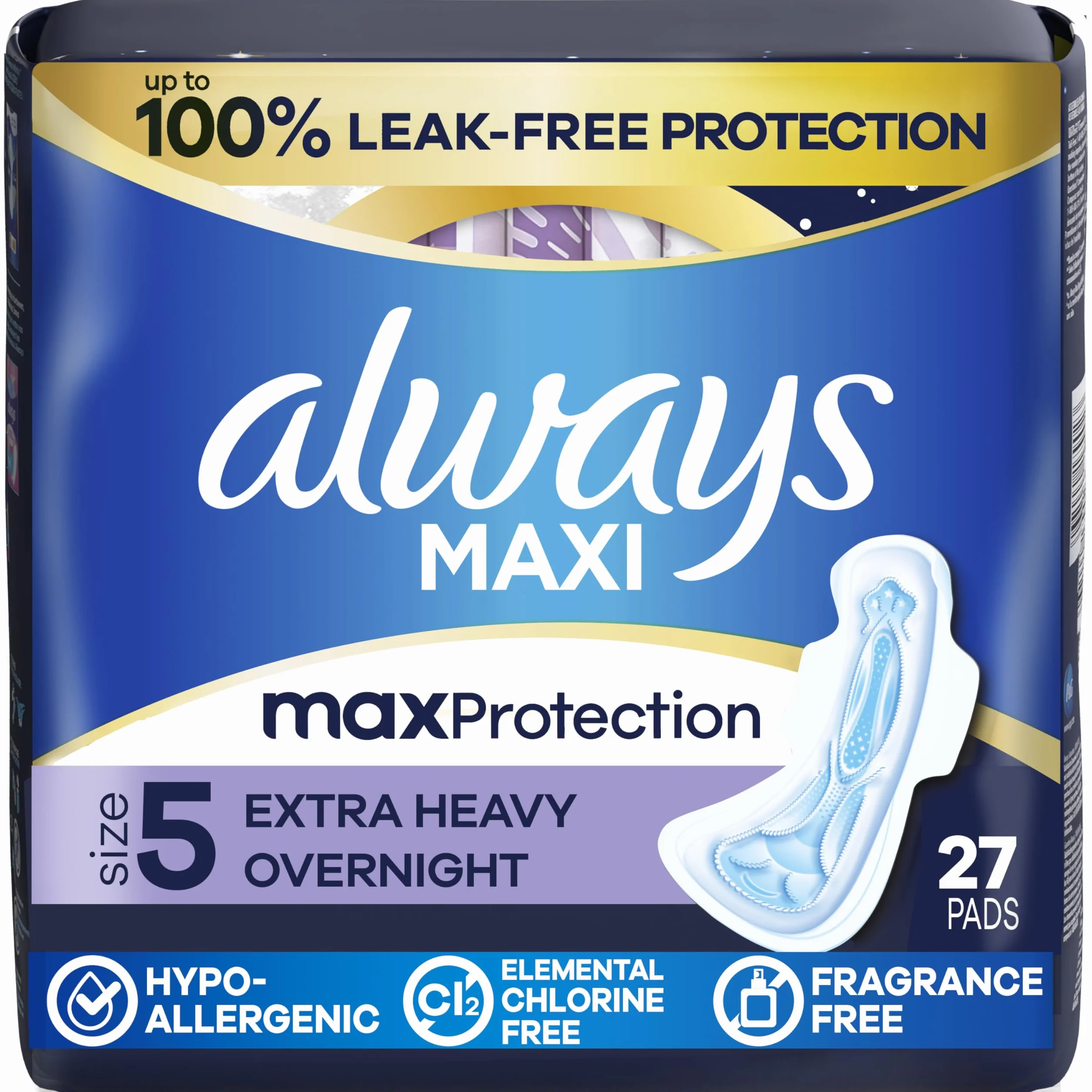 Always Maxi, Größe 5, extra schwere Overnight-Einlagen mit Flügeln, geruchlos, 27 Stück, Verpackung kann variieren