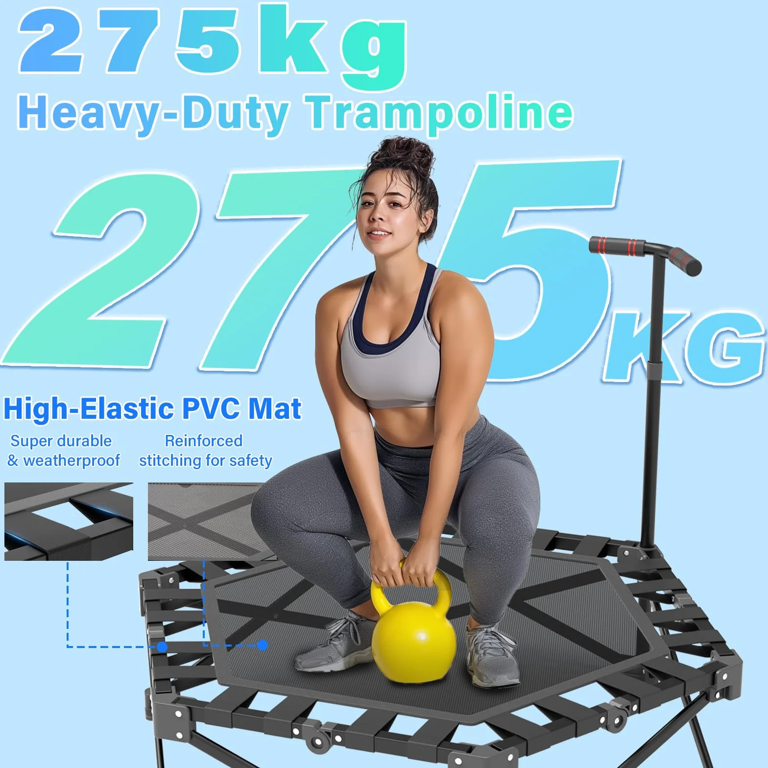 Trampolina fitness, składana mini trampolina, do użytku wewnątrz pomieszczeń, 106 cm, z 3-stopniową regulacją wysokości, bardzo stabilna rama X, nośność 275 kg