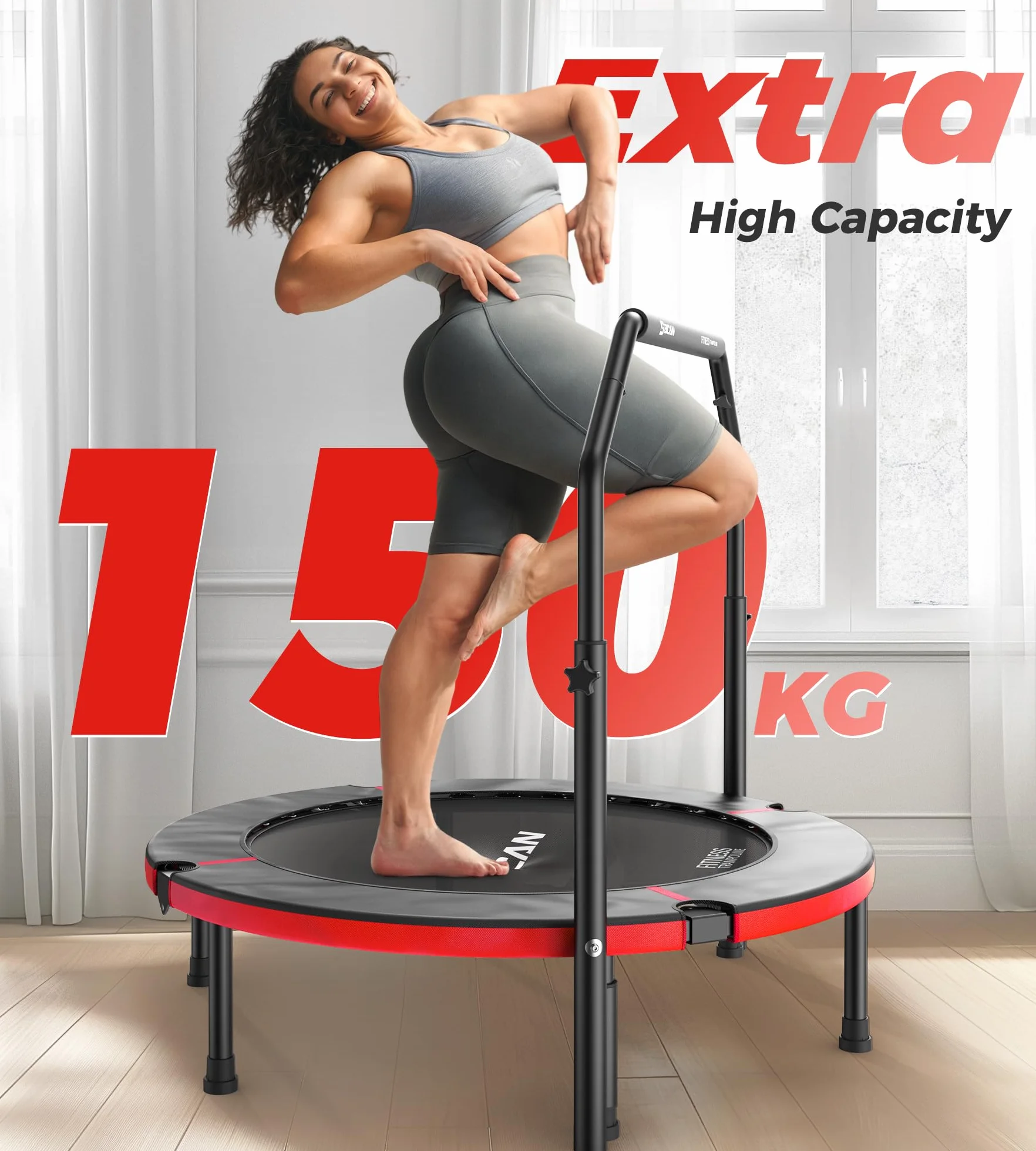 BCAN Trampolina do wnętrz, 102 cm Trampolina do skakania Fitness, składana, nośność 150 kg, wzmocniona sprężyna, regulowany uchwyt z wyściółką piankową, odpowiednia dla dorosłych i dzieci