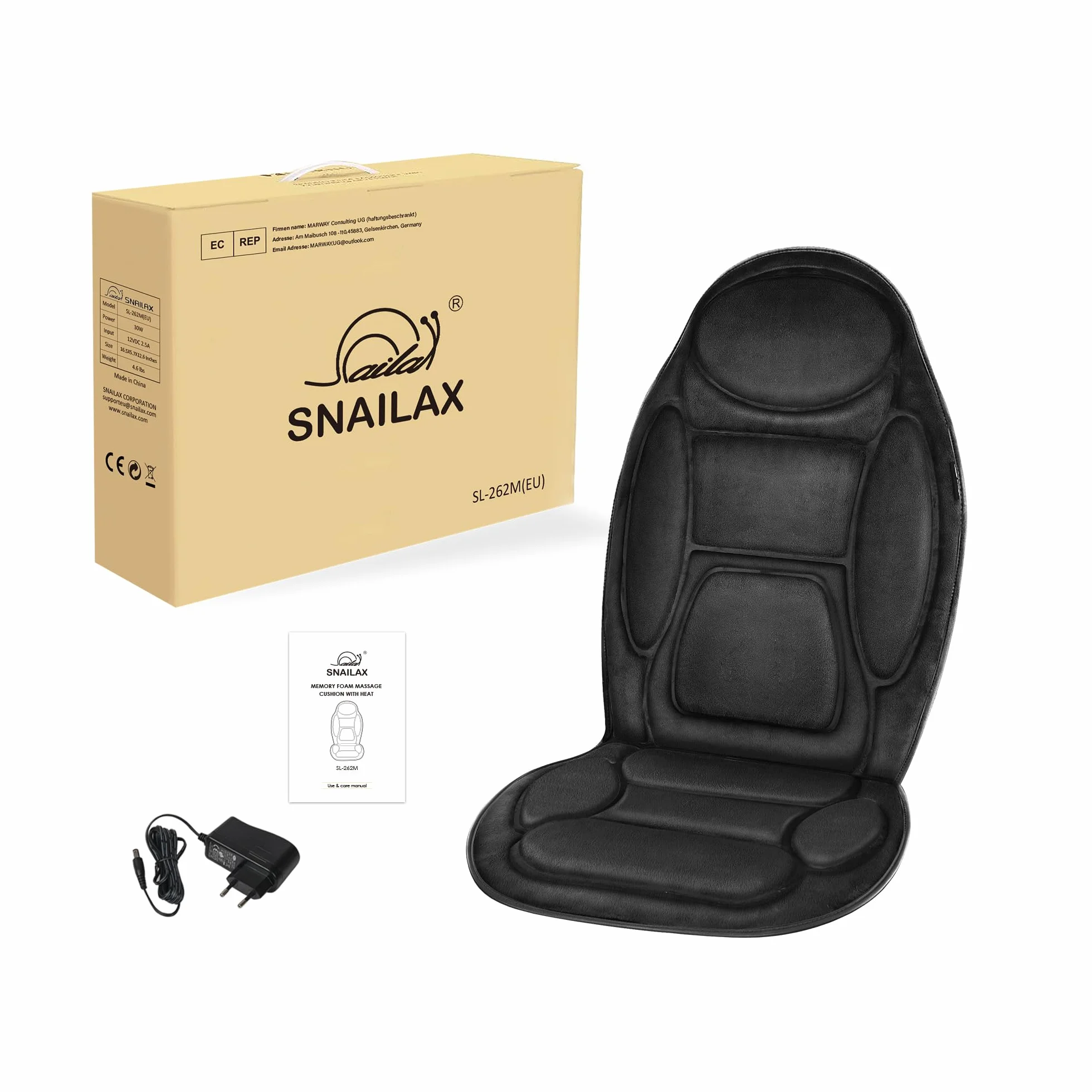 Snailax Poduszka do masażu z pianki memory z ciepłem, nakładka do masażu z masażem wibracyjnym pleców, kark, masażer pleców do domu, biura, poduszka do siedzenia, prezent dla mężczyzn/kobiet, czarna