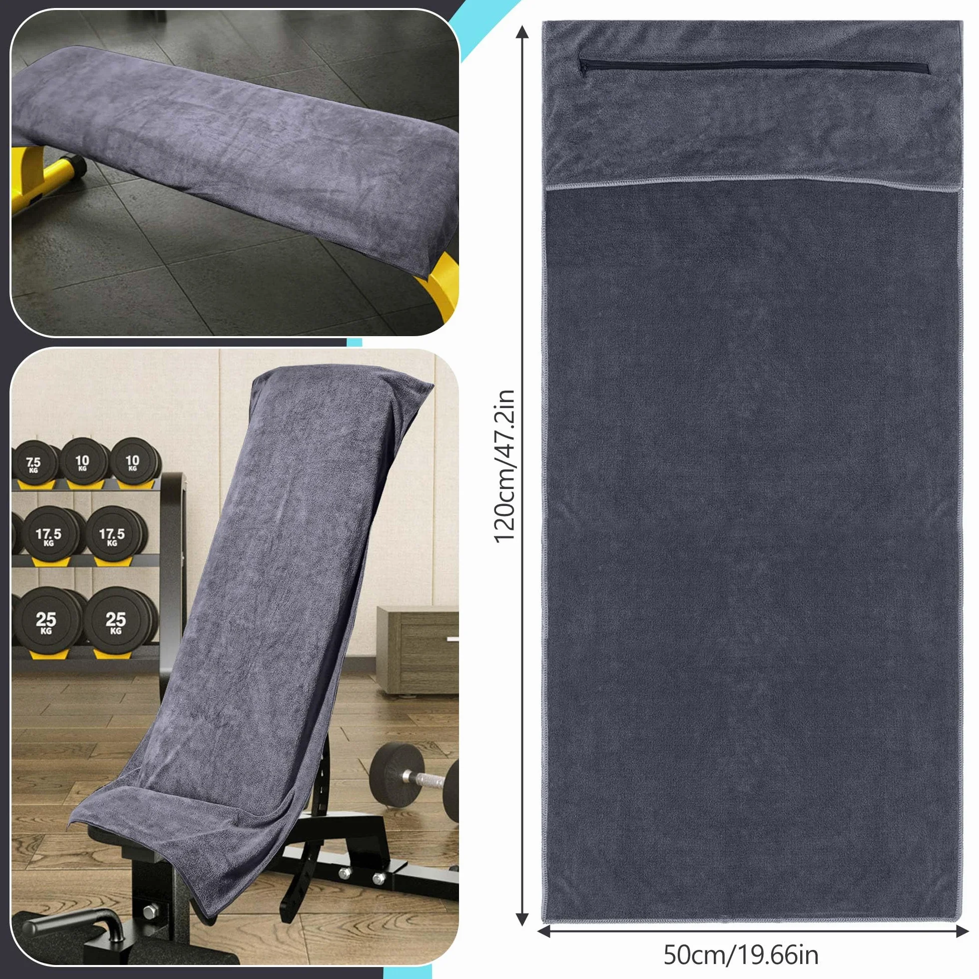 Ręcznik do fitnessu 120x50cm, sportowy ręcznik z kieszenią na zamek błyskawiczny, ręcznik z mikrofibry z wysokiej jakości mikrofibry, super absorpcja potu, ręczniki do siłowni na siłownię, trening