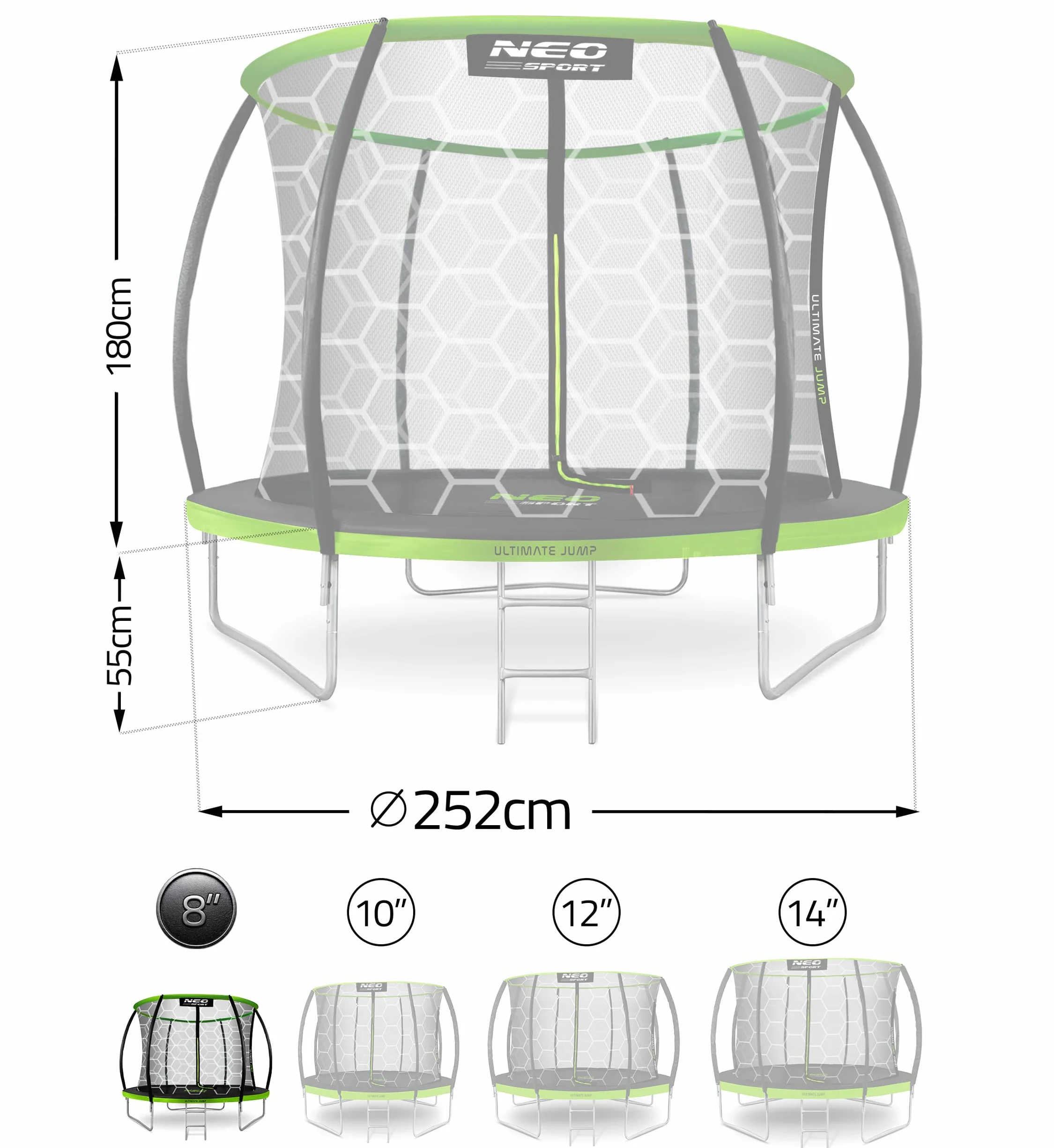 Neo-Sport Trampolina ogrodowa dla dzieci Siatka zabezpieczająca Drabinka wewnętrzna Z powłoką PVC Nośność do 100 kg Zielony Czarny 252 cm