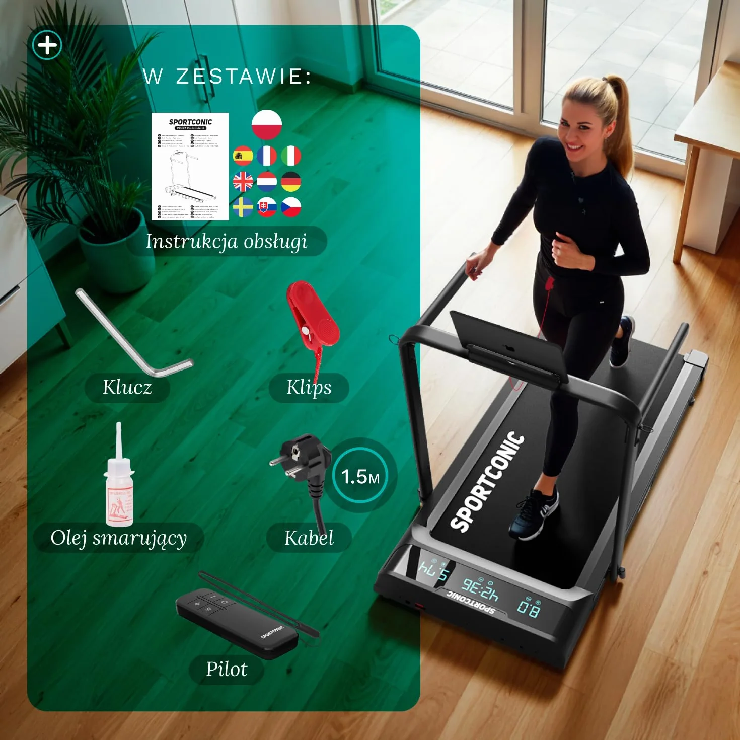 Sportconic Bieżnia do Domu z Nachyleniem, Walking Pad, Kompaktowa i Cicha Bieżnia, Bieżnia pod Biurko do Chodzenia i Biegania