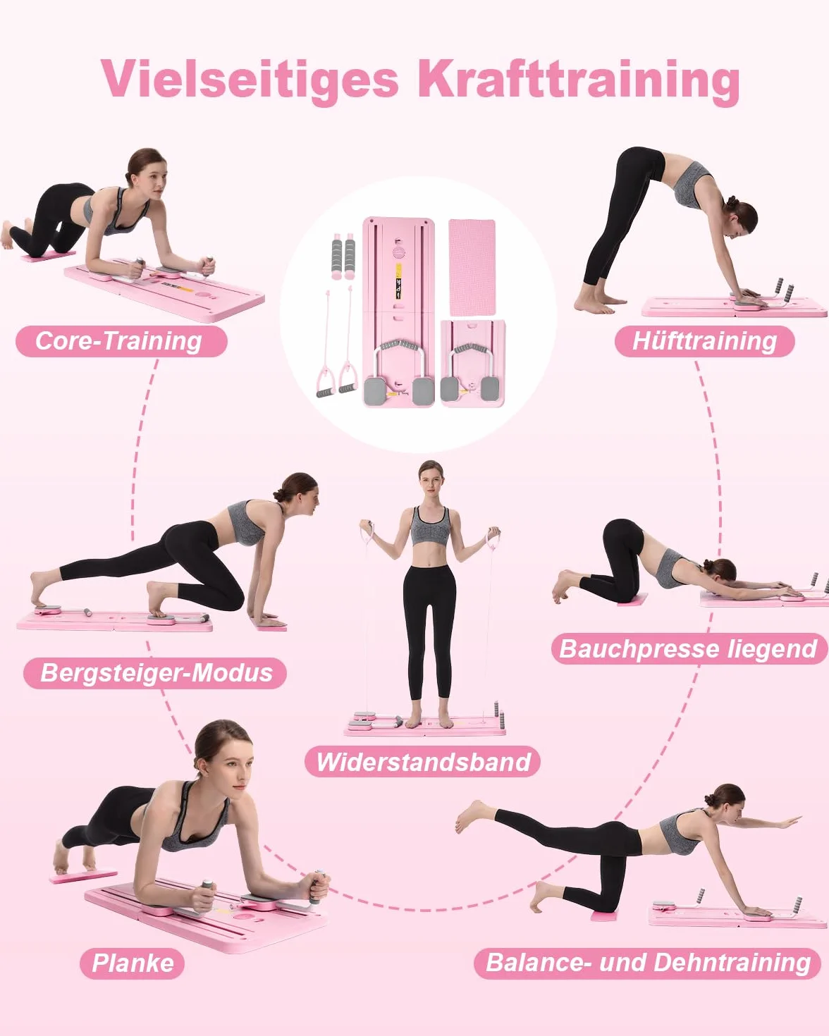 Pilates Board Reformer-Set 23 kg Rückprallkraft Faltbares Pilatesgerät Knieschutz Videoanleitung