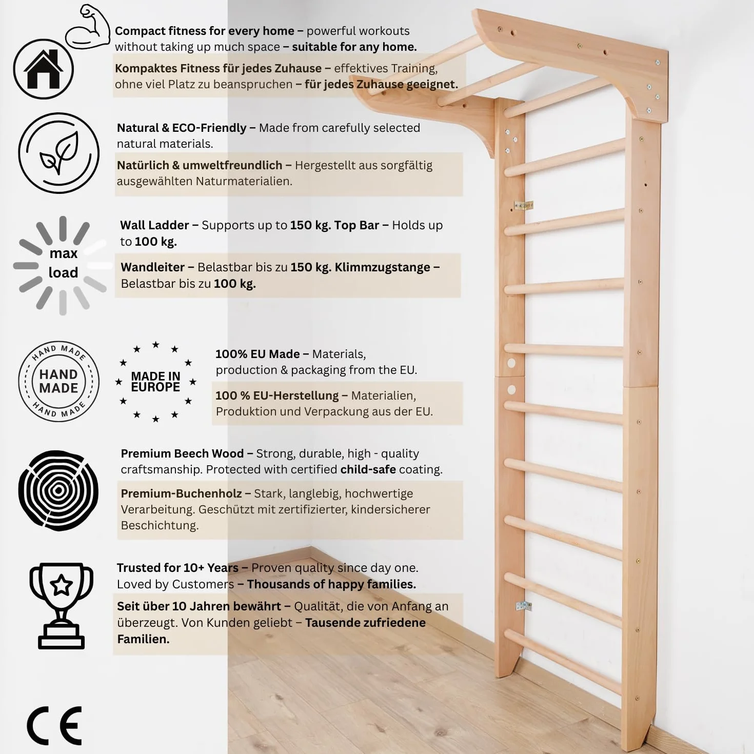 Ściana gimnastyczna drewniana "Kinder-1-220" – Drabinka Gimnastyczna dla Dzieci i Dorosłych, Wall Bar do Home Gym, Kids Room, Fitness, Ćwiczenia i Zabawa, Swedish Ladder, Wooden wall bar