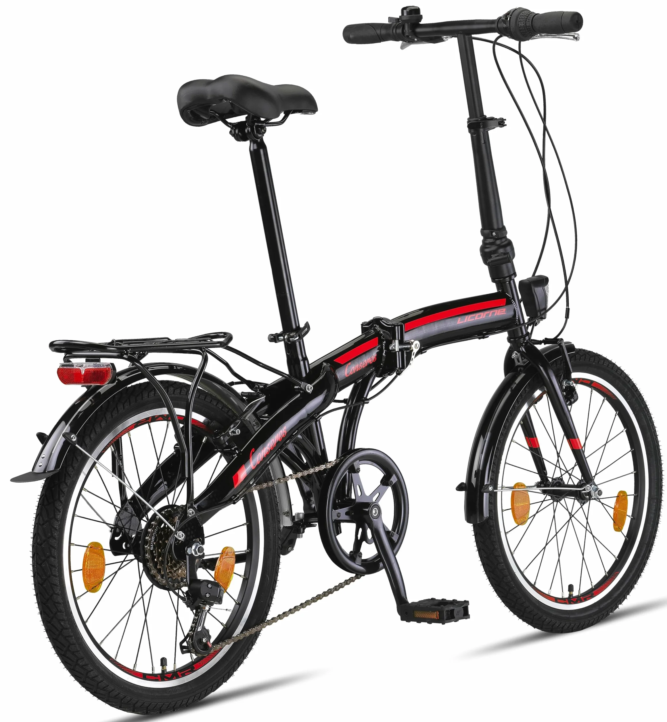 Licorne Bike CONSERES Składany rower premium, 50.8 cm, dla mężczyzn, chłopców, dziewcząt i kobiet, 6 biegów, holenderski, czarny/czerwony