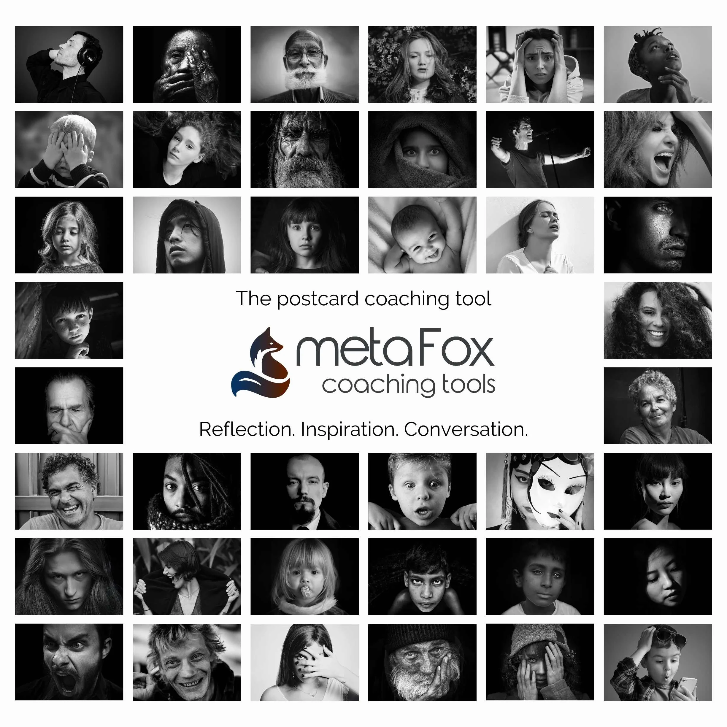 metaFox Deep Pictures "Portrety of Emotions" – 52 czarno-białe karty coachingowe dla emocjonalnego świadomości, narzędzia terapeutyczne dla nastolatków i dorosłych, Visual Reflection Deck for