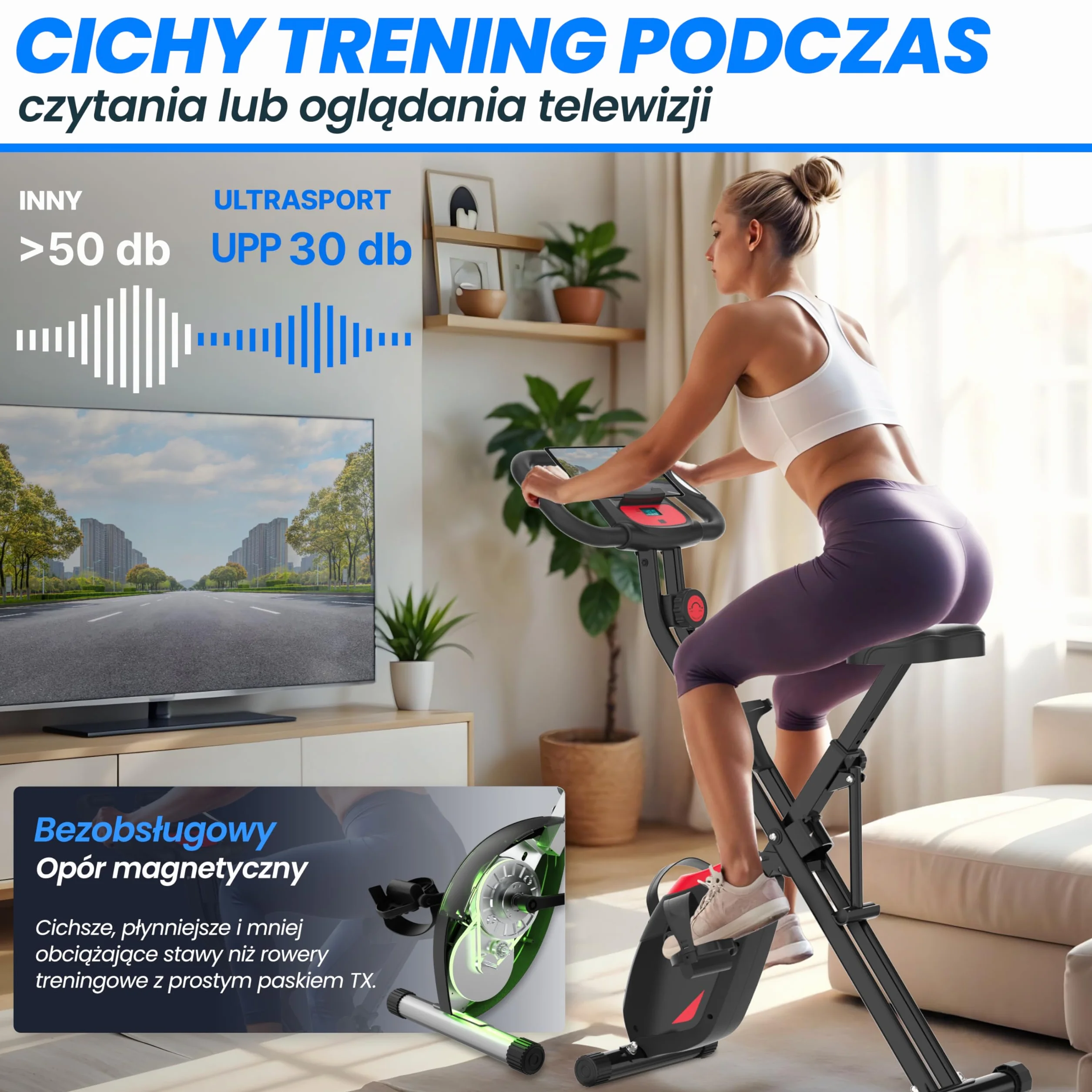Ultrasport F-Bike Pro Składany Rower Treningowy do 150 KG, z 16 Poziomami, Wygodne Siodełko, Bardzo Cichy I Składany Rower Stacjonarny do Ćwiczeń w Domu
