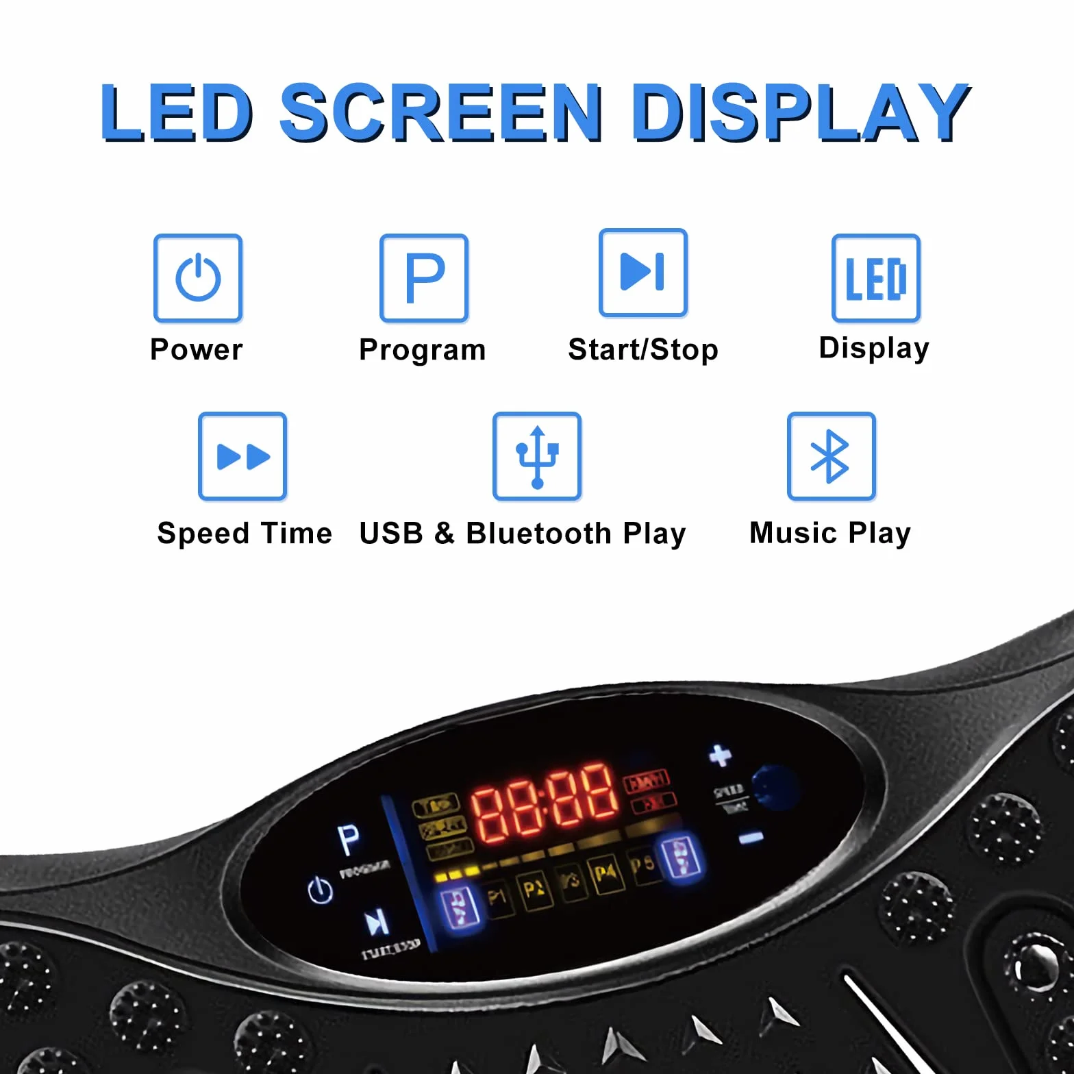 EVOLAND Płyta wibracyjna urządzenia wibracyjne z 5 programami treningowymi do 99 poziomów intensywności, głośnik Bluetooth, taśmy oporowe z uchwytem do treningu całego ciała i modelowania ciała