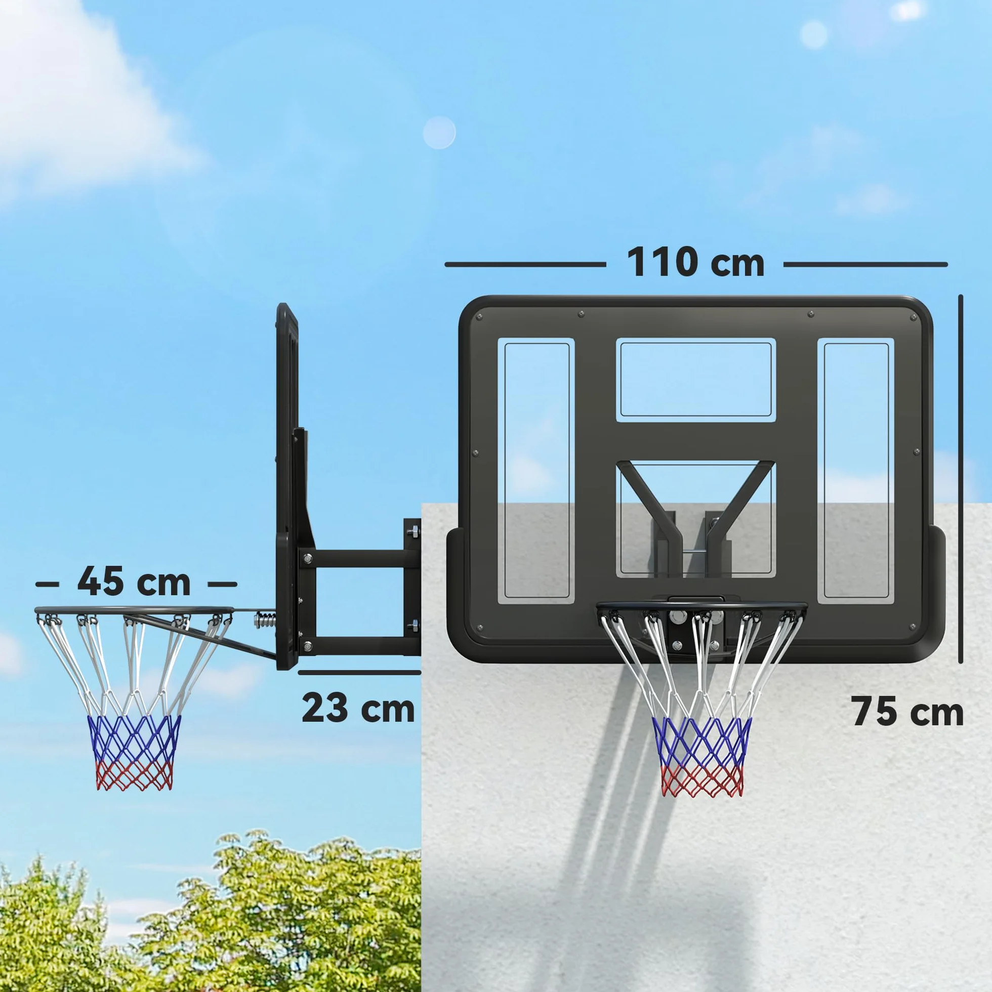 SPORTNOW Kosz do koszykówki z tylną ścianką, do użytku na zewnątrz i wewnątrz, deska do koszykówki ze stalowym koszem o średnicy 45 cm, montaż na ścianie, deska do koszykówki dla dorosłych, czarny