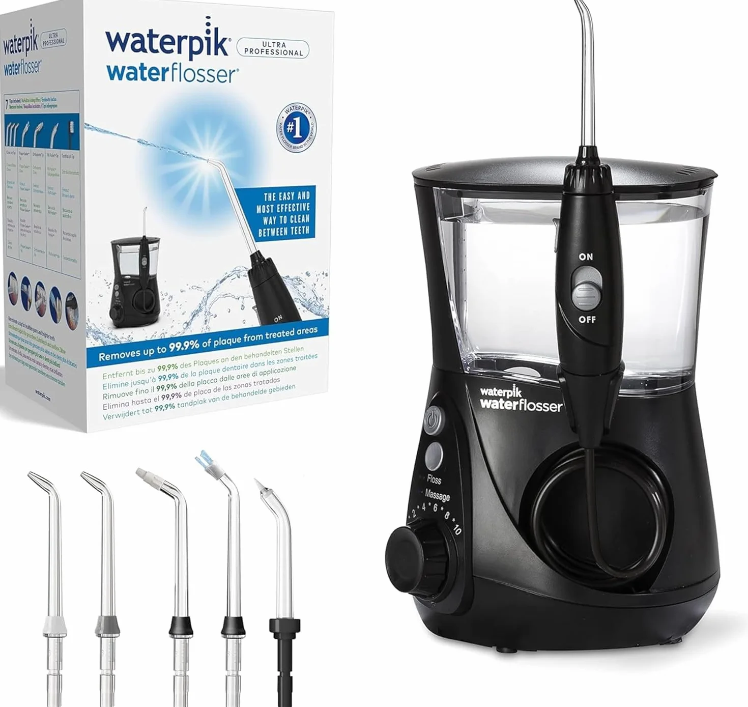 Waterpik Irygator Ultra Professional, 6 Końcówek, Zaawansowana Kontrola Ciśnienia z 10 Trybami, Skuteczne Usuwanie Płytki Nazębnej, Kolor Biały, 650 ml (WP-660EU)