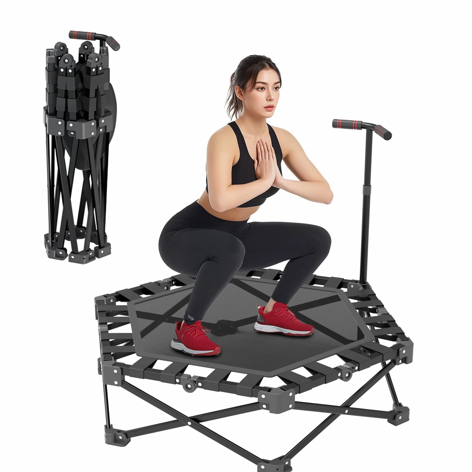 Trampolina fitness, składana mini trampolina, do użytku wewnątrz pomieszczeń, 106 cm, z 3-stopniową regulacją wysokości, bardzo stabilna rama X, nośność 275 kg