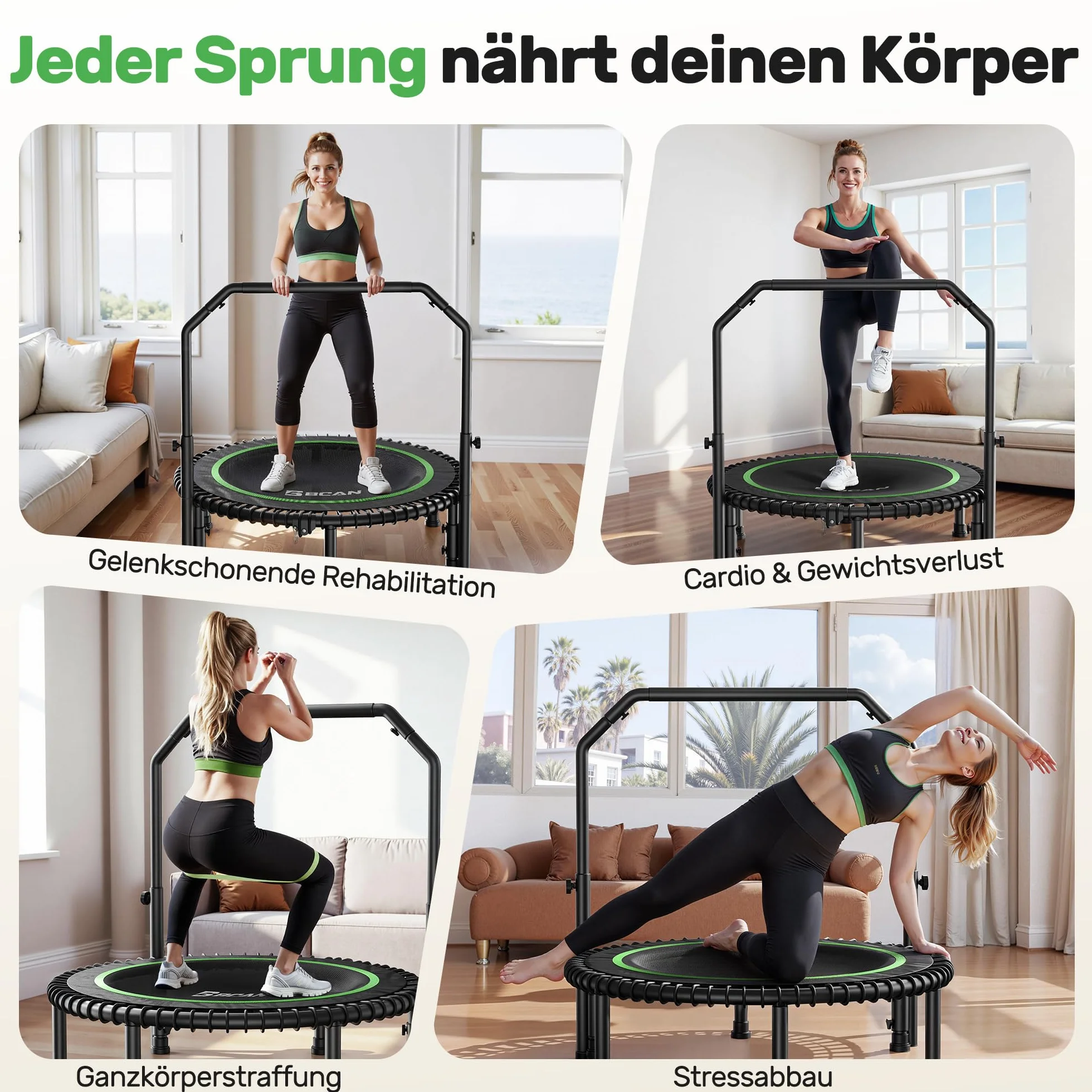 Trampolina BCAN 102/122 cm dla dorosłych, udźwig 204/250 kg, linki bungee, regulowany uchwyt, stabilna, cicha, do użytku wewnątrz/na zewnątrz, trening całego ciała, relaks w domu