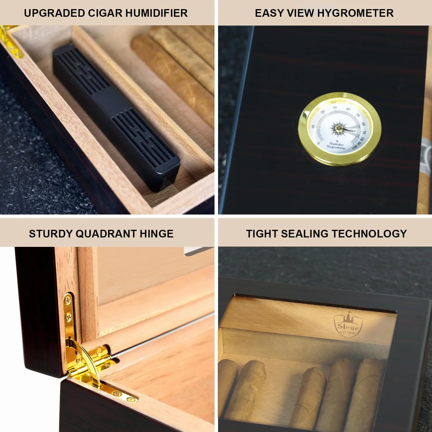 Slege Humidor cygara,pudełko cygara kubańskie cygara,szklany górny nawilżacz hiszpańskie cedrowe cygara,pojedyncza warstwa, nawilżacz powietrza,przegroda, higrometr,akcesoria cygar dla mężczyzn