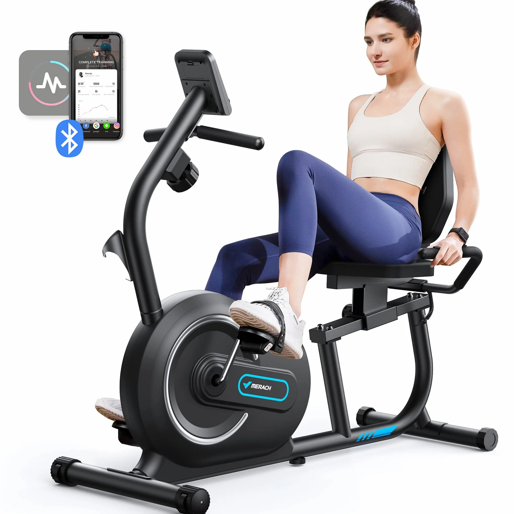 MERACH Domowy ergometr do leżenia z funkcją Smart Bluetooth i ekskluzywną łącznością z aplikacją, LCD, uchwytem pomiaru tętna, magnetyczne urządzenia do leżenia S08