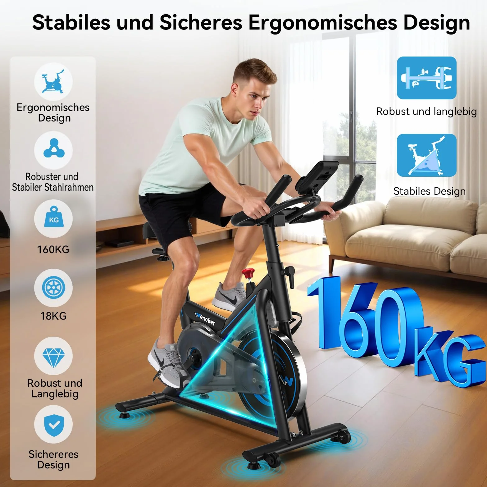 Wenoker Rower stacjonarny z aplikacją,Cichy ergometr z oporem magnetycznym,Rower spinningowy do domowych treningów cardio,Do 160 kg