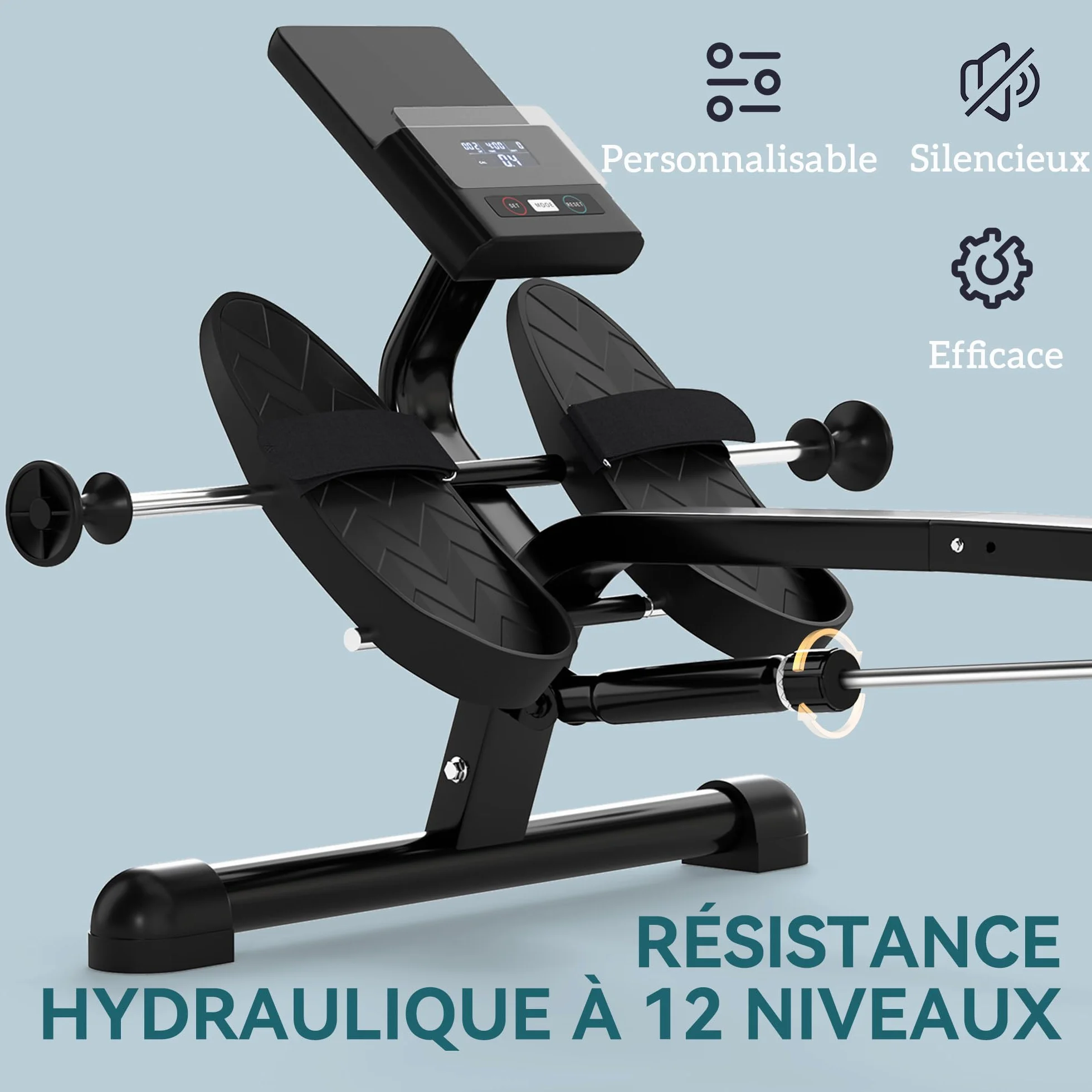 SPORTNOW Wioślarz hydrauliczny z 12 poziomami oporu Wioślarz z ekranem LCD i antypoślizgowym pedałem, maksymalne obciążenie 130 kg, trening cardio w domu, czarny