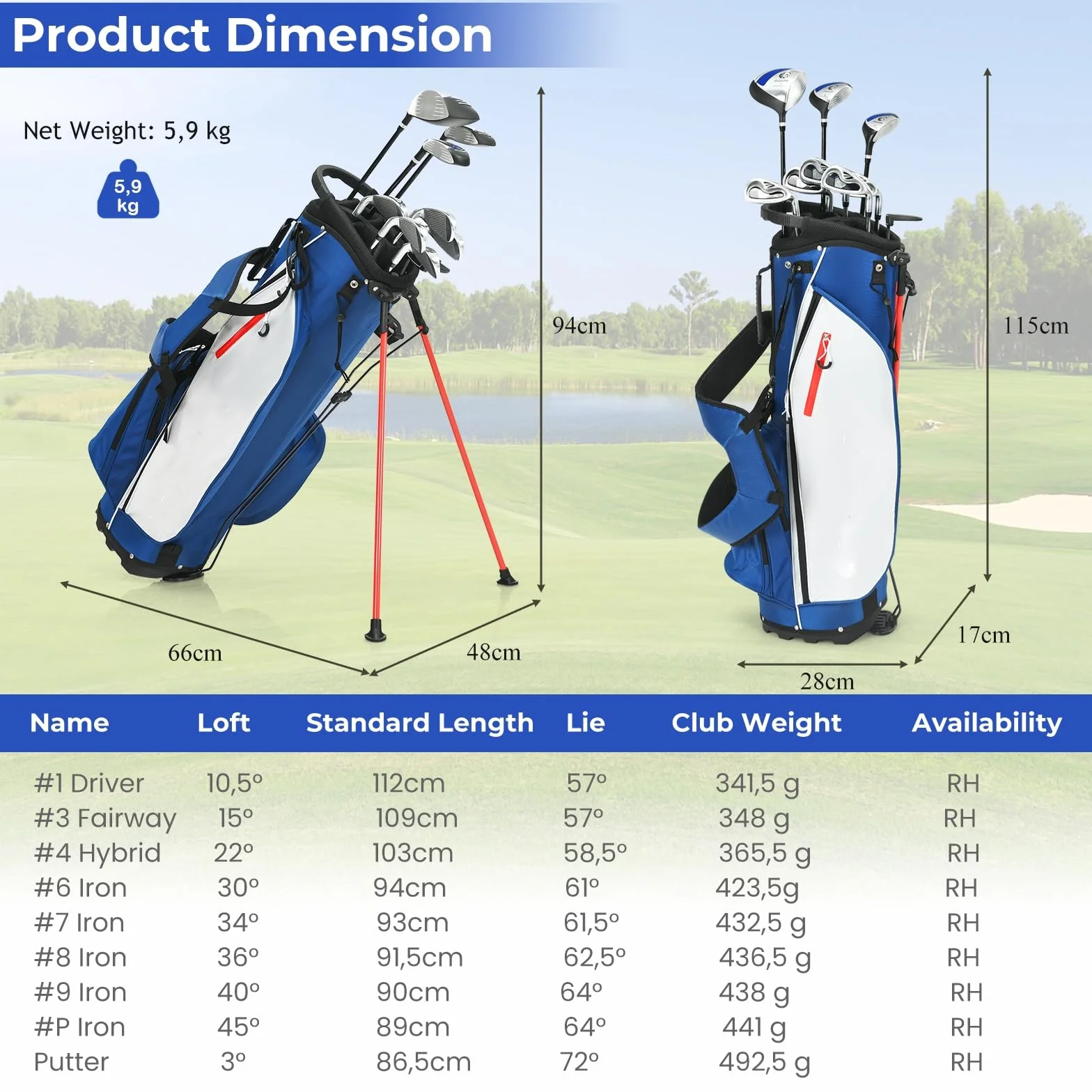 LIFEZEAL Męski zestaw kijów golfowych przenośny 7 przegródek dla praworęcznych