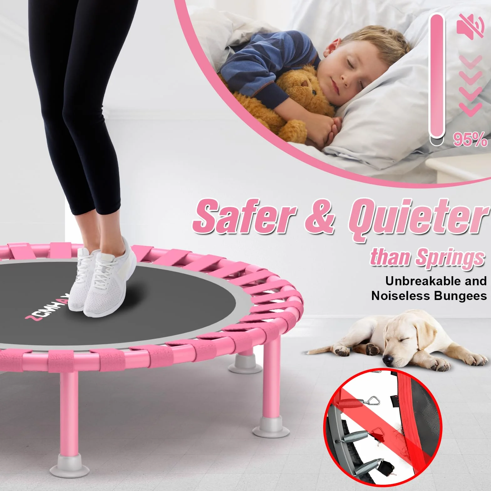 ZCMHAXJ 40-calowa mini trampolina dla dorosłych, wewnętrzna trampolina fitness, nośność 200 kg, cicha aerobiczna trampolina odbijająca