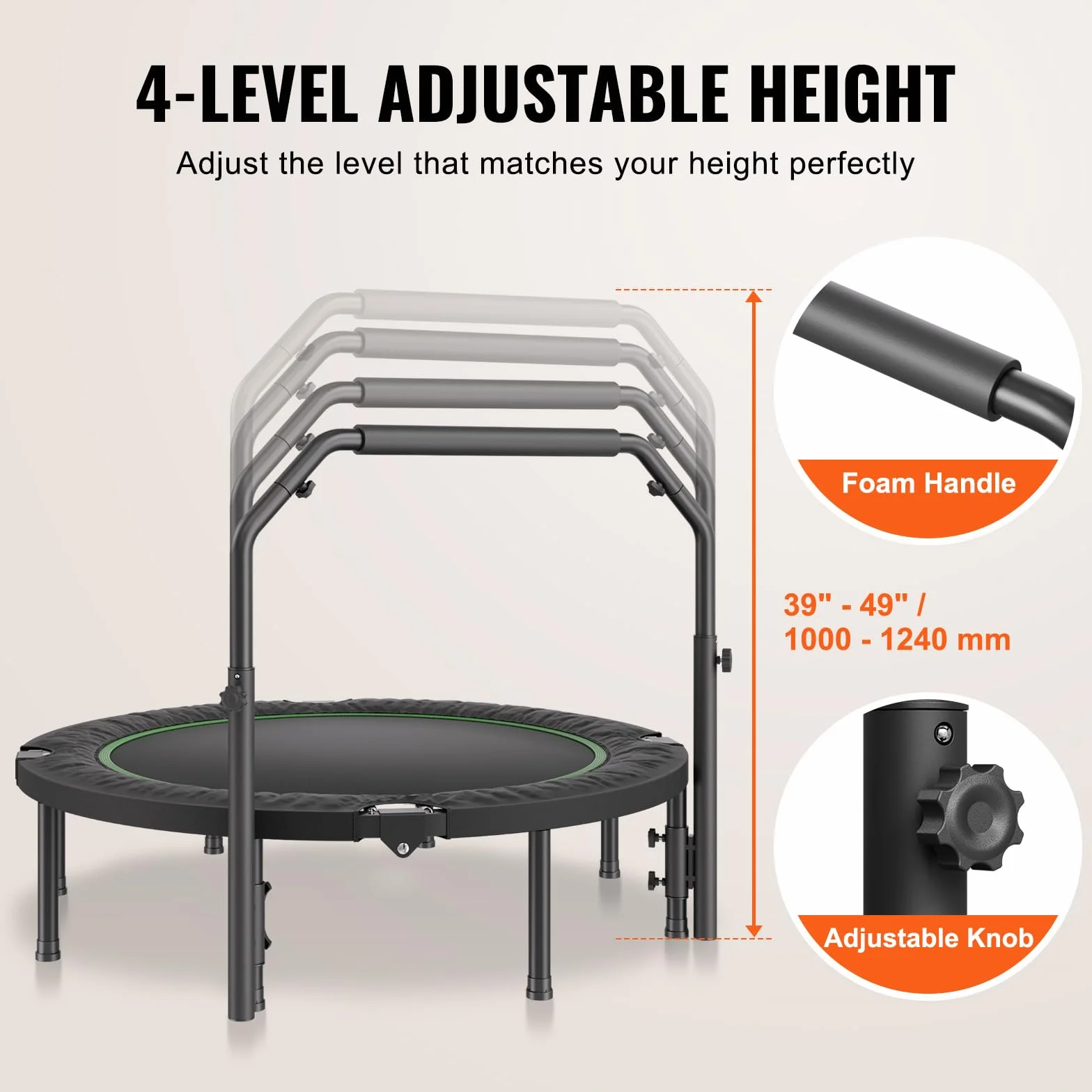 VEVOR Mini składana trampolina fitness 1320 mm maksymalne obciążenie 205 kg z regulowanym uchwytem