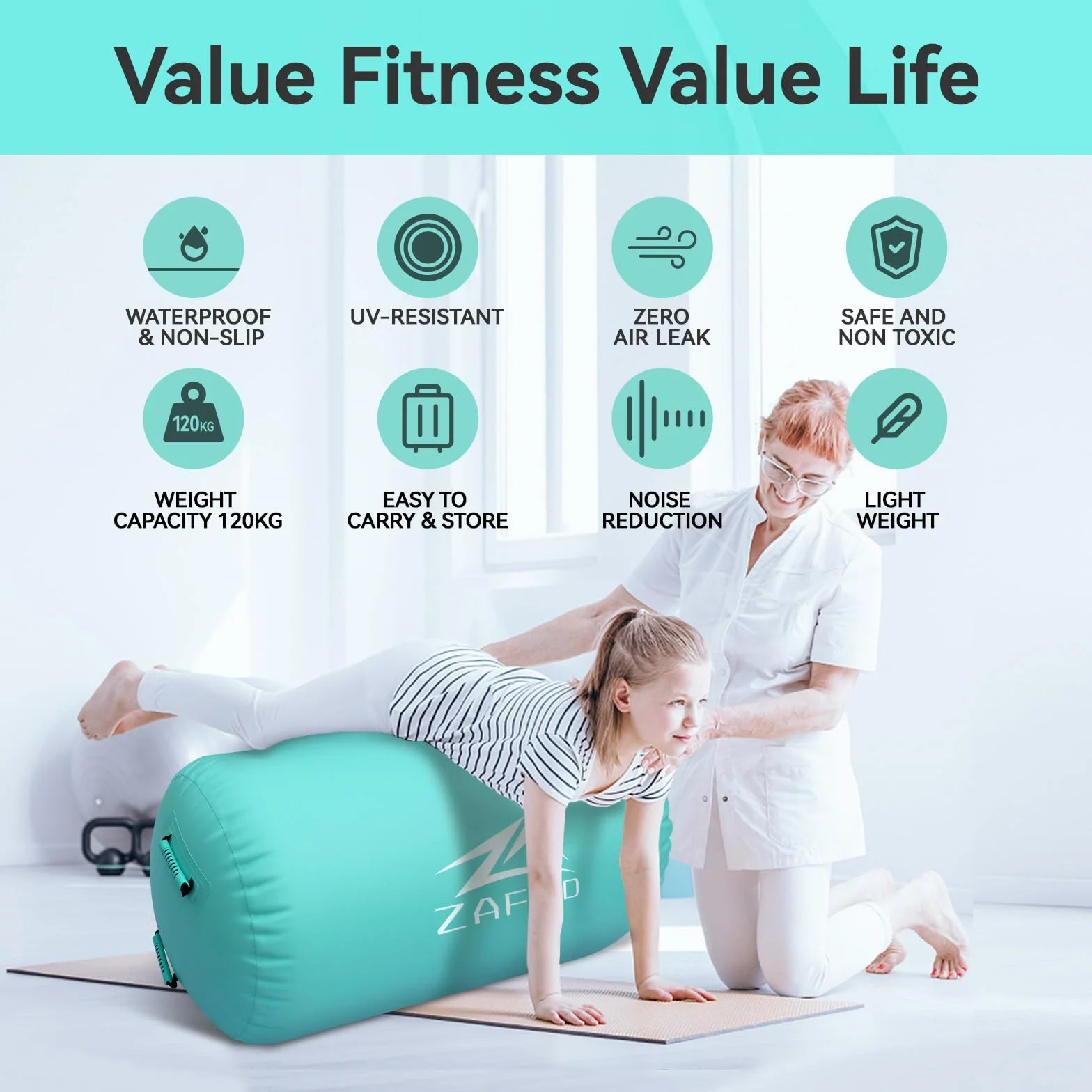 Nadmuchiwana rolka do gimnastyki z pompką, mata treningowa, mata gimnastyczna, rolka fitness