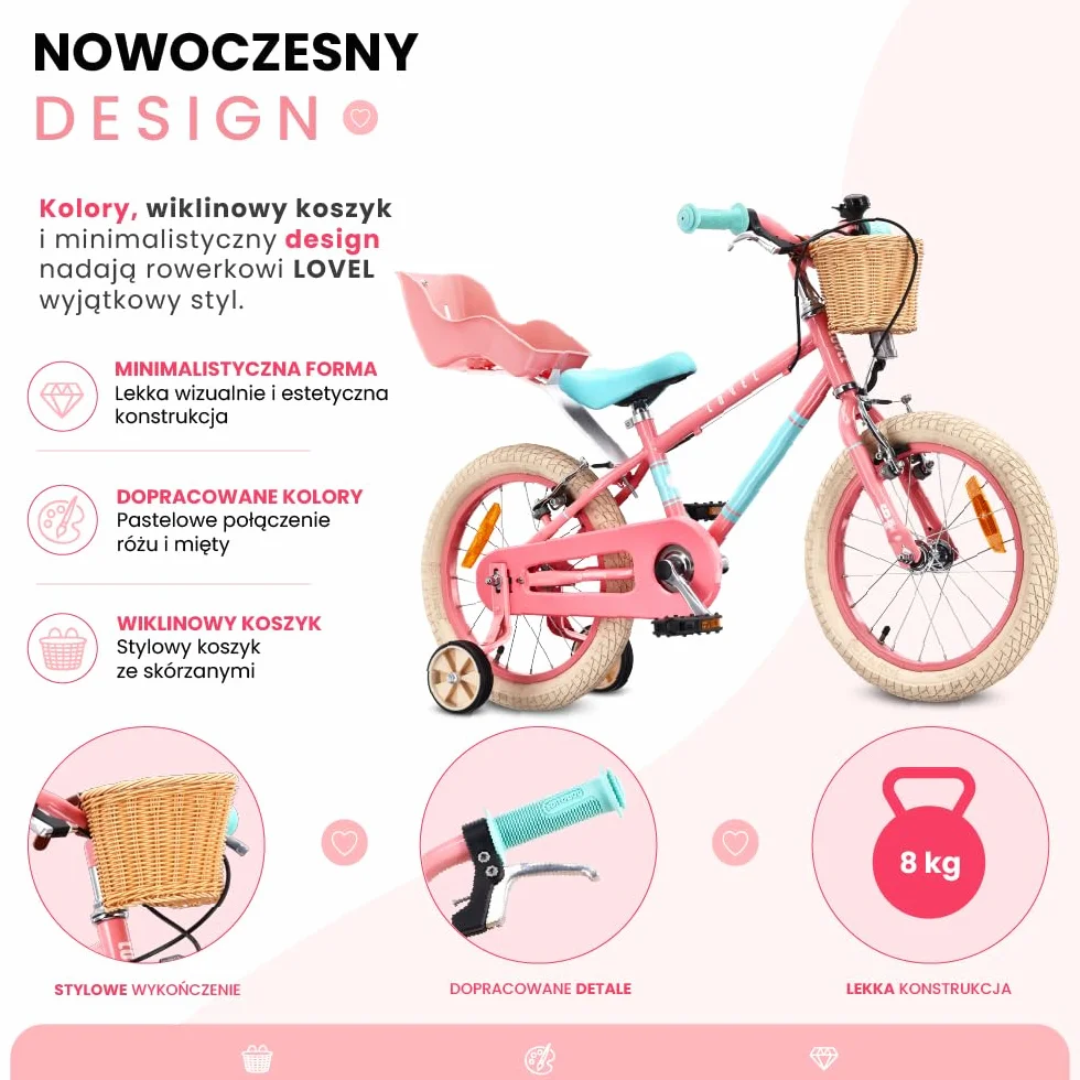 Sun Baby Rower Dziecięcy 14/16 Cali LOVEL, rower dla dziewczynki i chłopca 3-6 Lat, Max 50 kg - kółka boczne, koszyk, dzwonek, osłona łańcucha