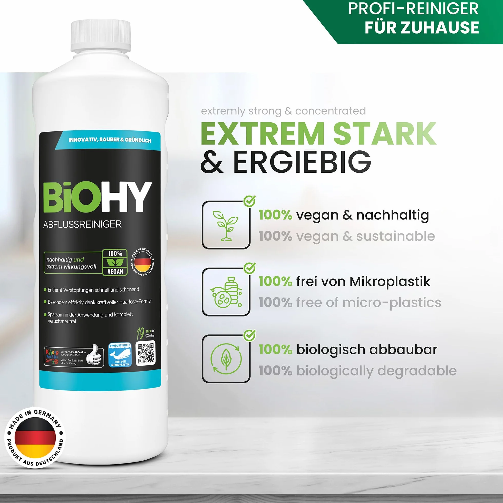 BiOHY Środek do czyszczenia odpływów (butelka 1l) | usuwa włosy bez wysiłku | doskonały na uporczywe blokady i nieprzyjemne zapachy | koncentrat organiczny do kuchni i łazienki (abflussreiniger)