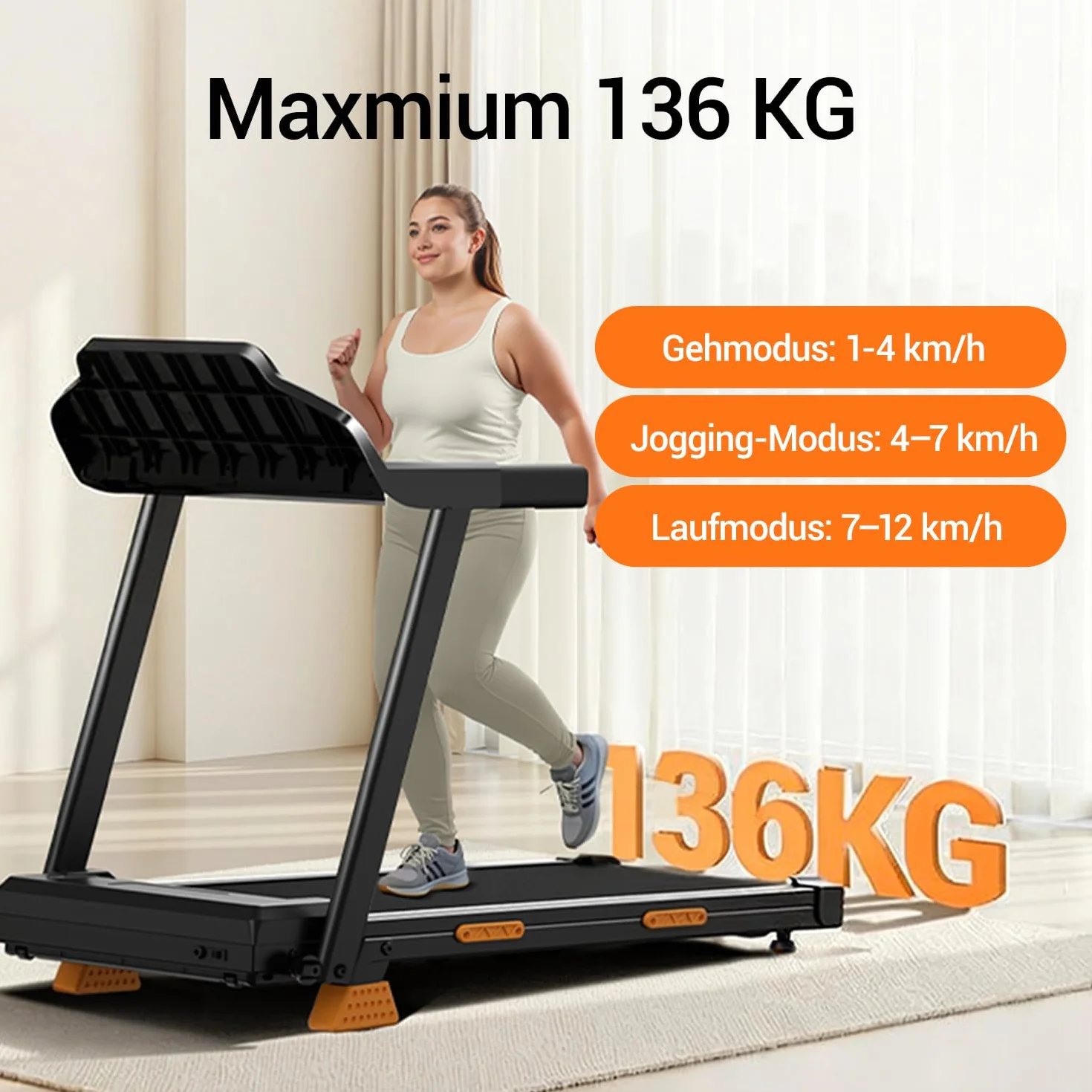 LONTEK Bieżnia do domu, składana, 12 km/h, bieżnia z monitorem tętna, Treadmill for Home z 12 programami treningowymi, maksymalne obciążenie 136 kg
