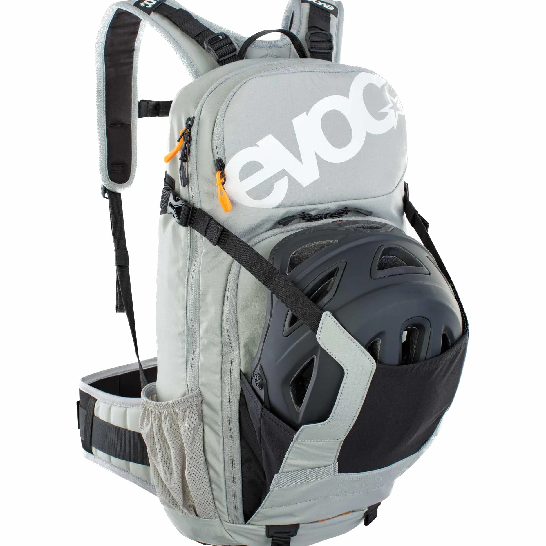 Plecak rowerowy EVOC FR ENDURO 16, plecak na wycieczki rowerowe (LITESHIELD BACK PROTECTOR 95%, uchwyt na kask, ochraniacze, komora na narzędzia, komora na bukłak 3l, rozmiar: M/L), kamienno-szary