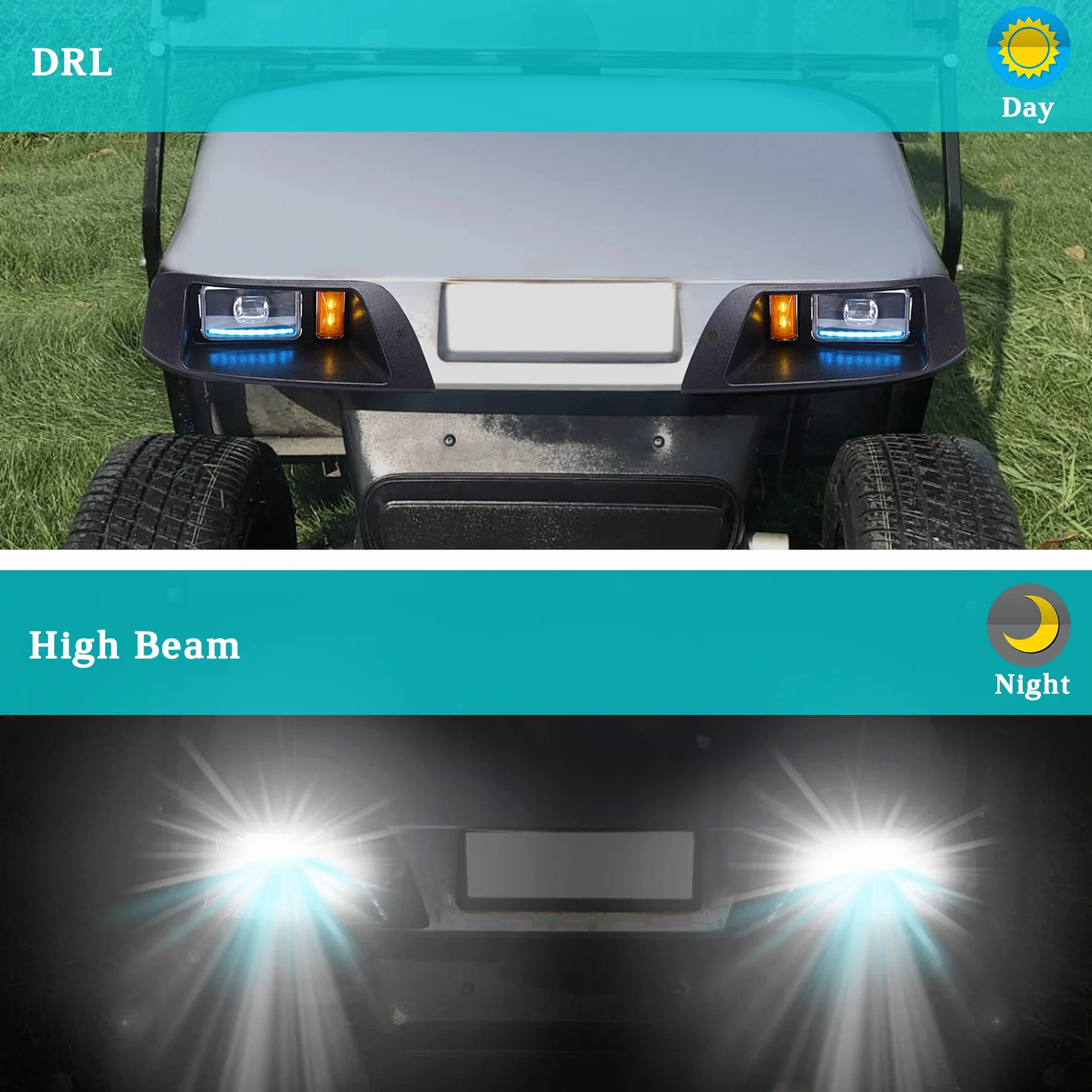 10L0L Zestaw reflektorów LED Deluxe do wózka golfowego EZGO TXT, ze światłami do jazdy dziennej, światłem mijania i kierunkowskazy