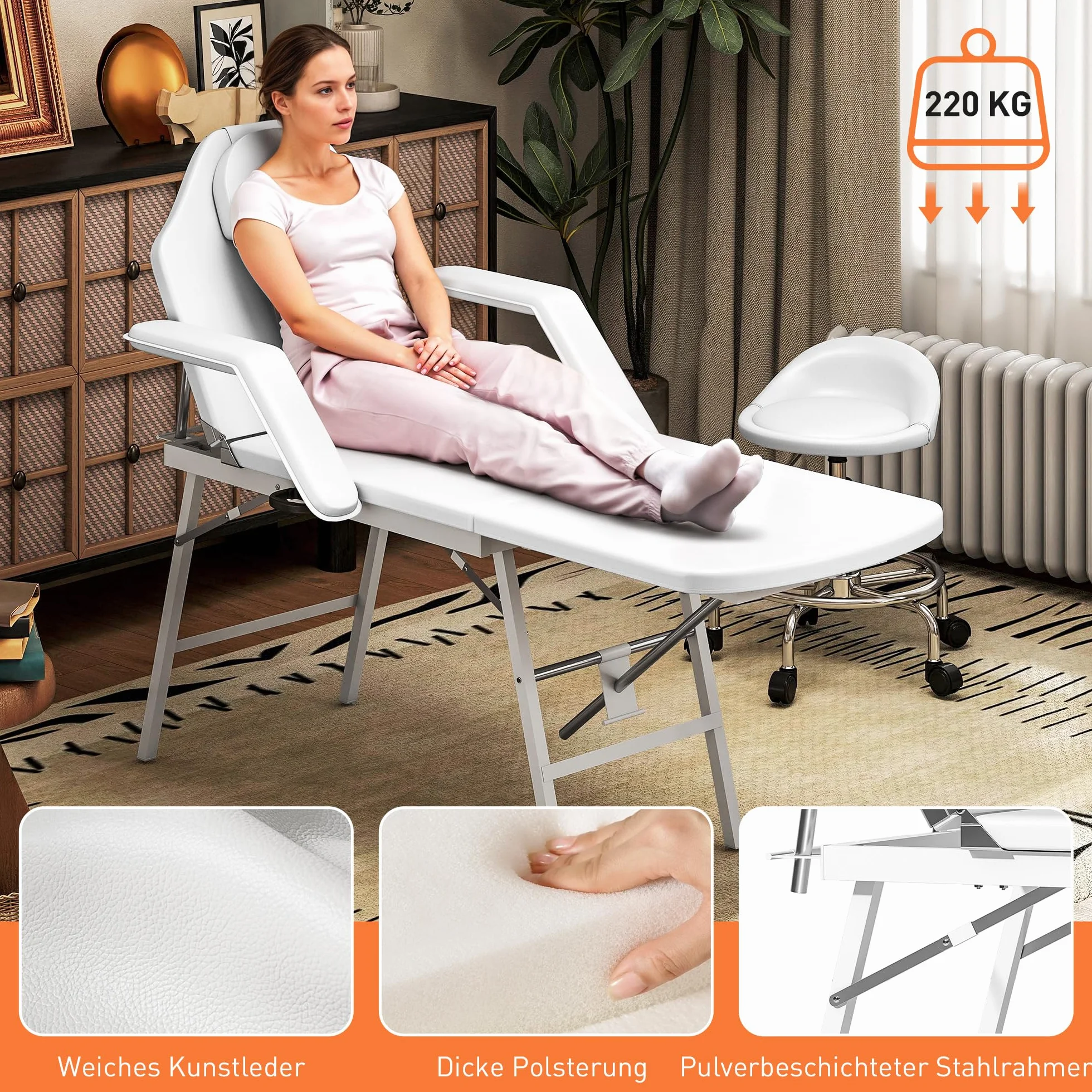 HOMCOM Portable Massage Table, 3 Section Adjustable Beauty Bed, Foldable Massage Bed with Headrest, Padded Armrests for Spa, Lash, Tattoo, White