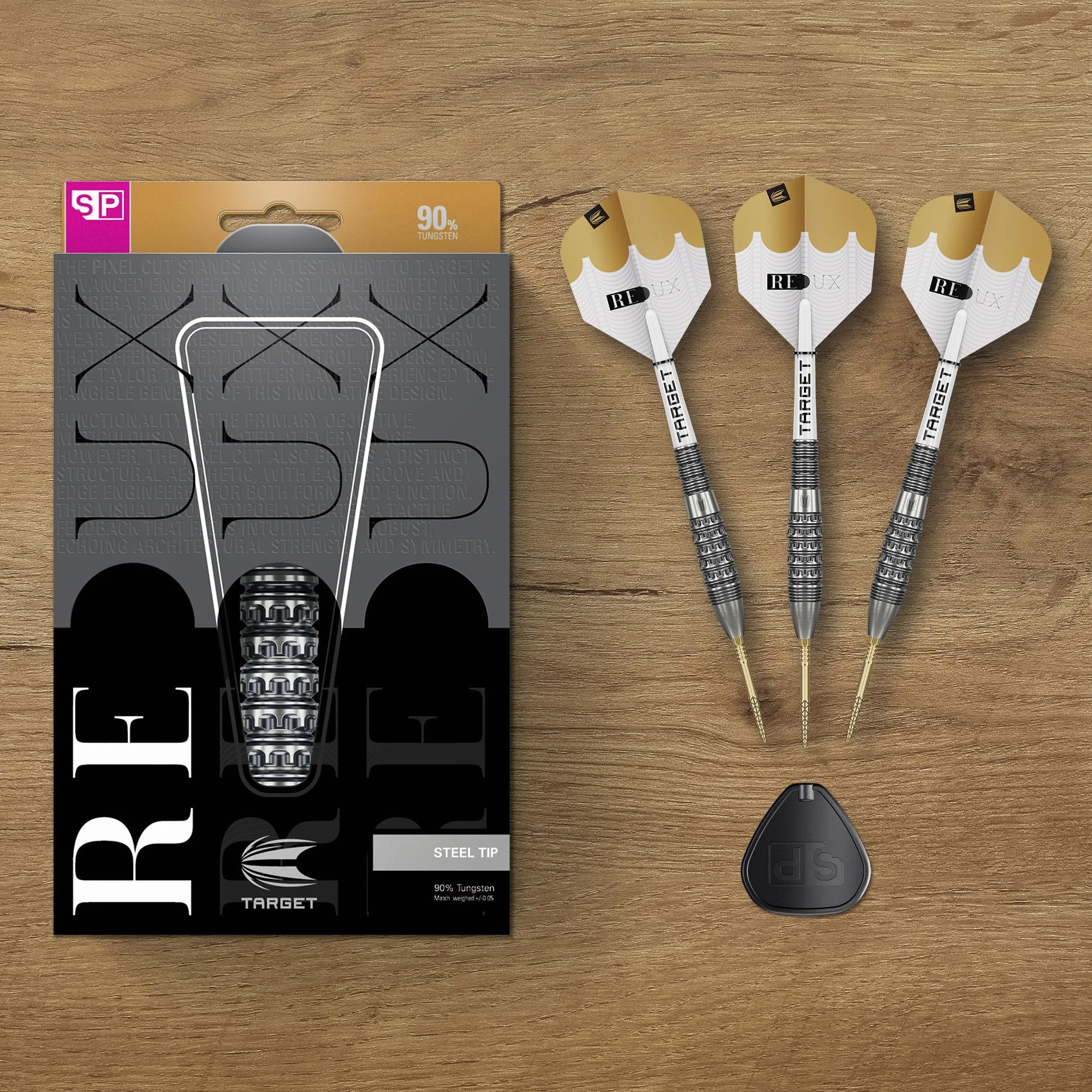 Target Darts Redux 90% Tungsten Swiss Point Steel Tip Dart Set (Barrel 01/02/03), 22G/23G/24G/25G/26G | Pro Ultra No.6 Flights & Pro Grip Tag Shafts, DX Points Gold & SP Tool w zestawie